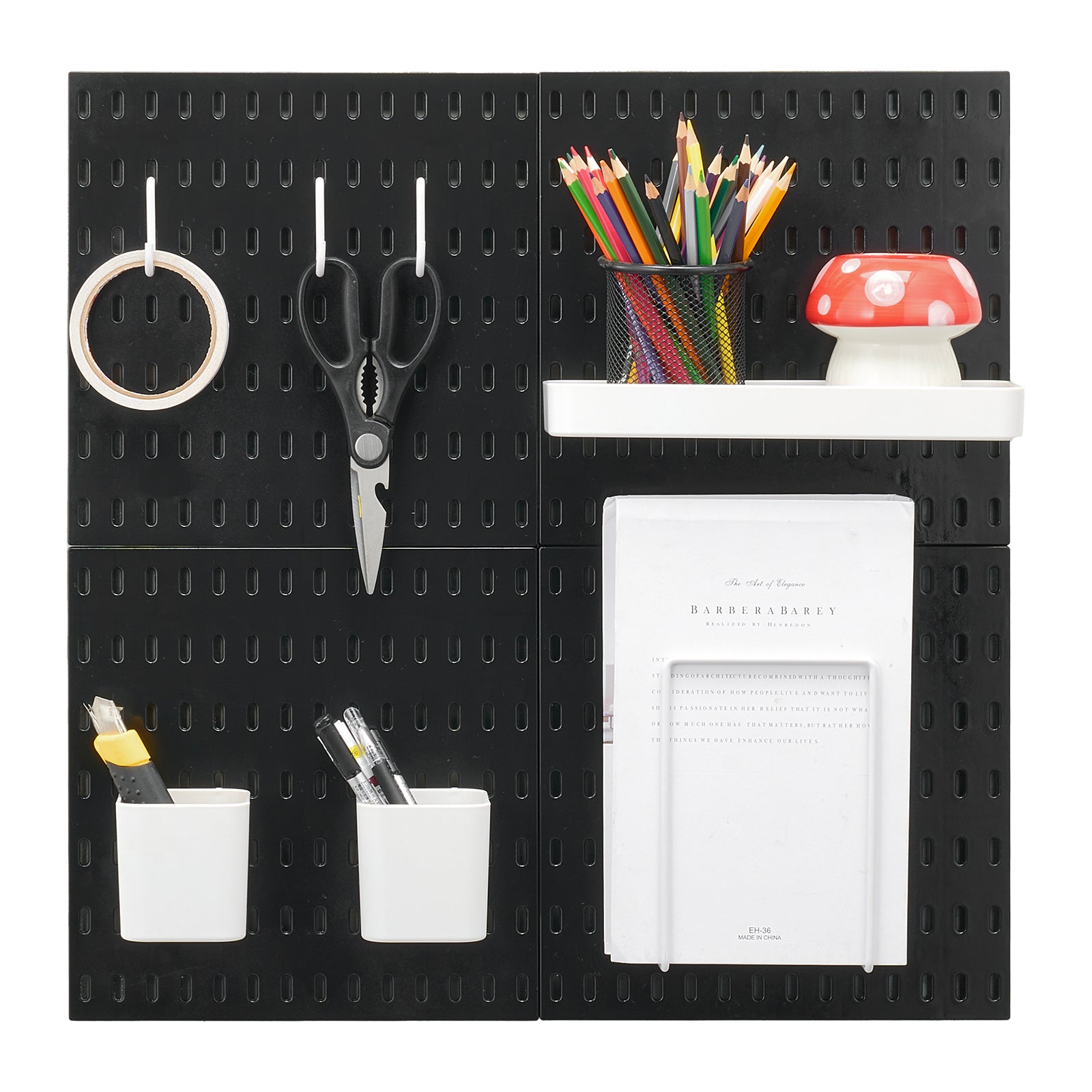 Modular Plastic Pegboard Wall Organizer Kit, 4-Panel 11"x11" ABS Panels, 20 lb per Panel, Black