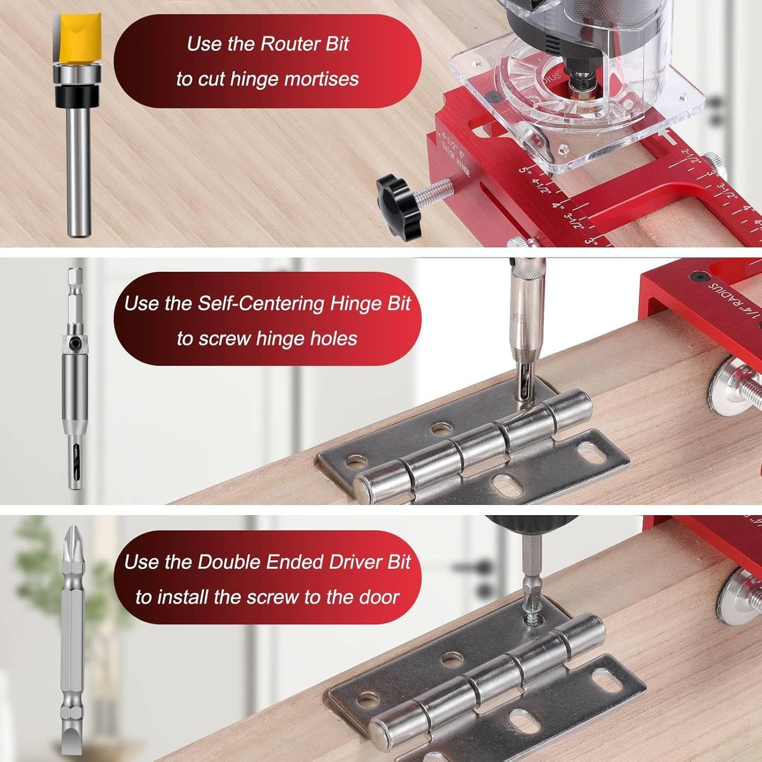 Door Hinge Installation Kit with Jig, Router Bit & Self-Centering Drill Bit