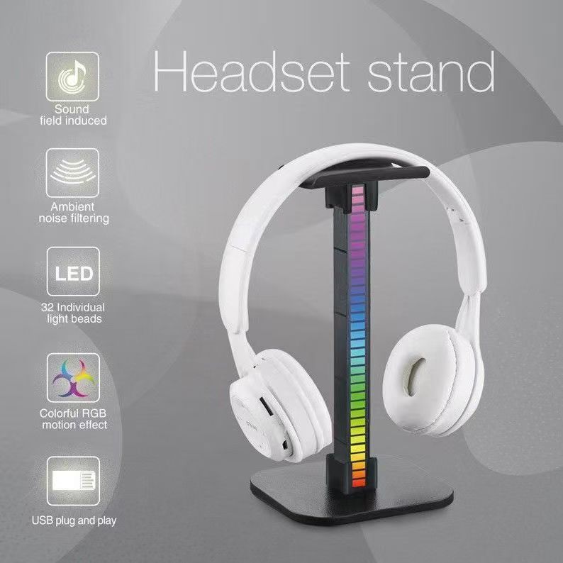 RGB Headphone Stand with LED Ambient Light, Desktop Gaming Headset Holder with Atmosphere Lighting, Plug-in or Rechargeable, Black