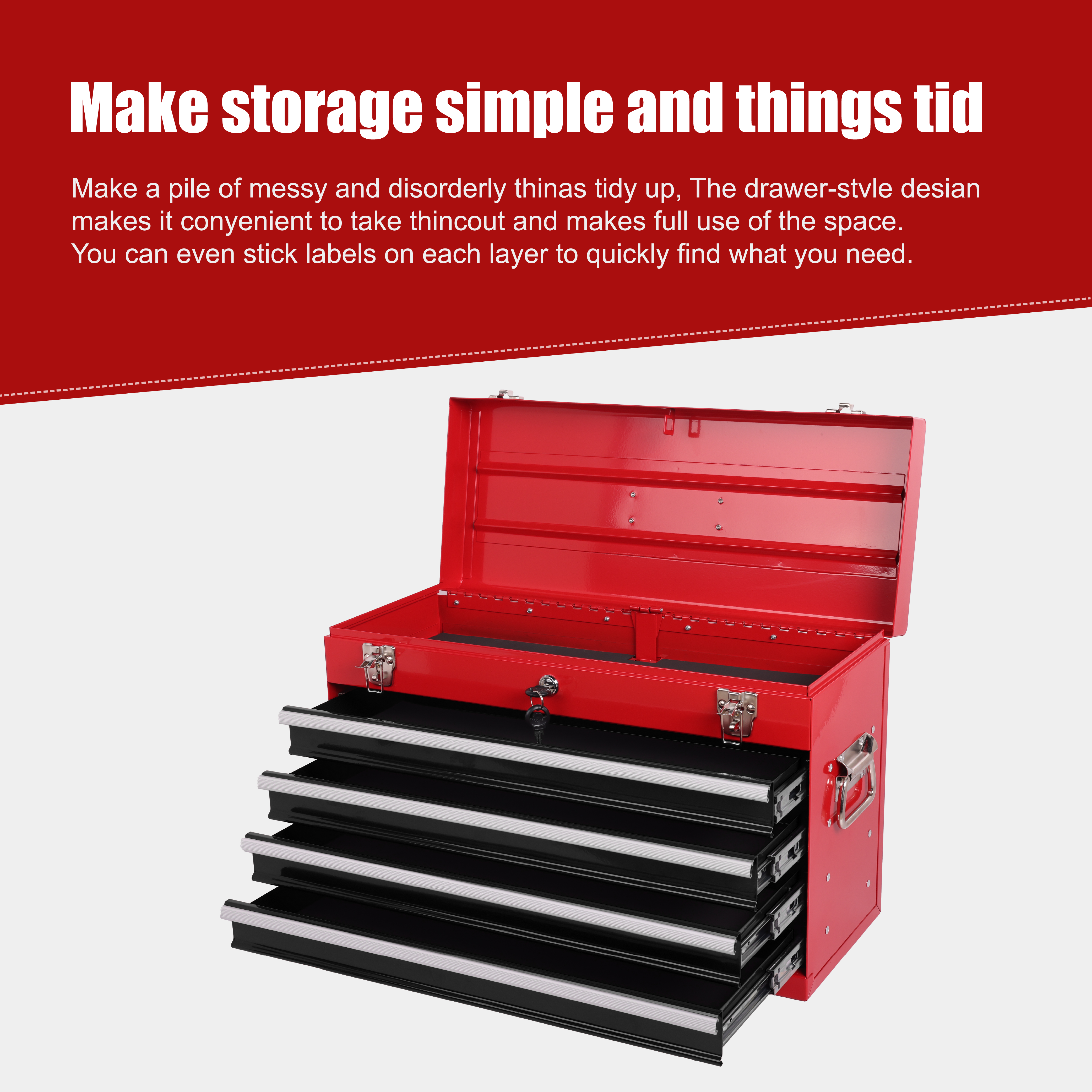 Heavy Duty Metal Tool Box – 21" Portable 4-Drawer Tool Chest with EVA Liners, Ball Bearing Slides & Locking System, Red and Black