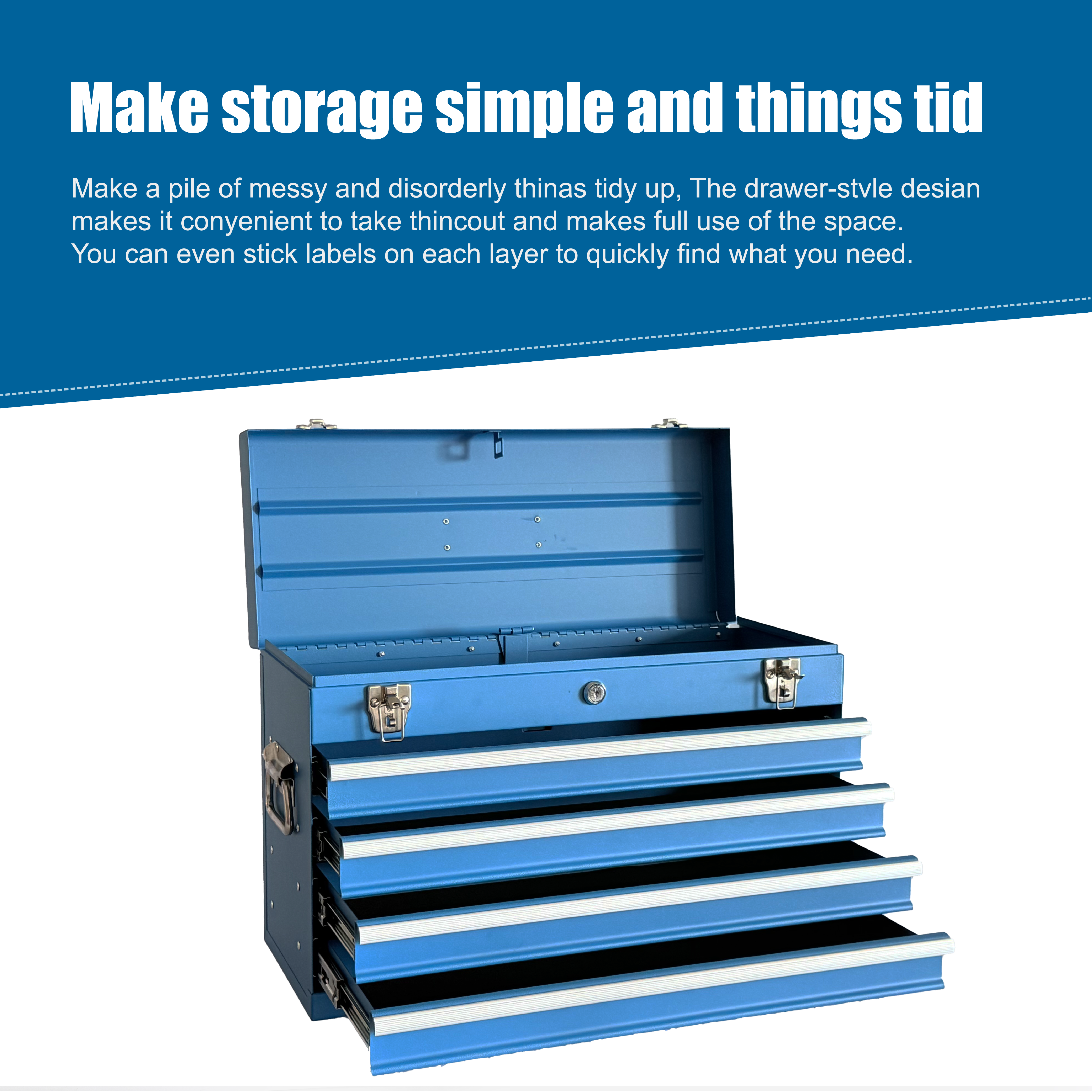 Heavy Duty Metal Tool Box – 21" Portable 4‑Drawer Tool Chest with EVA Liners, Ball Bearing Slides & Locking System