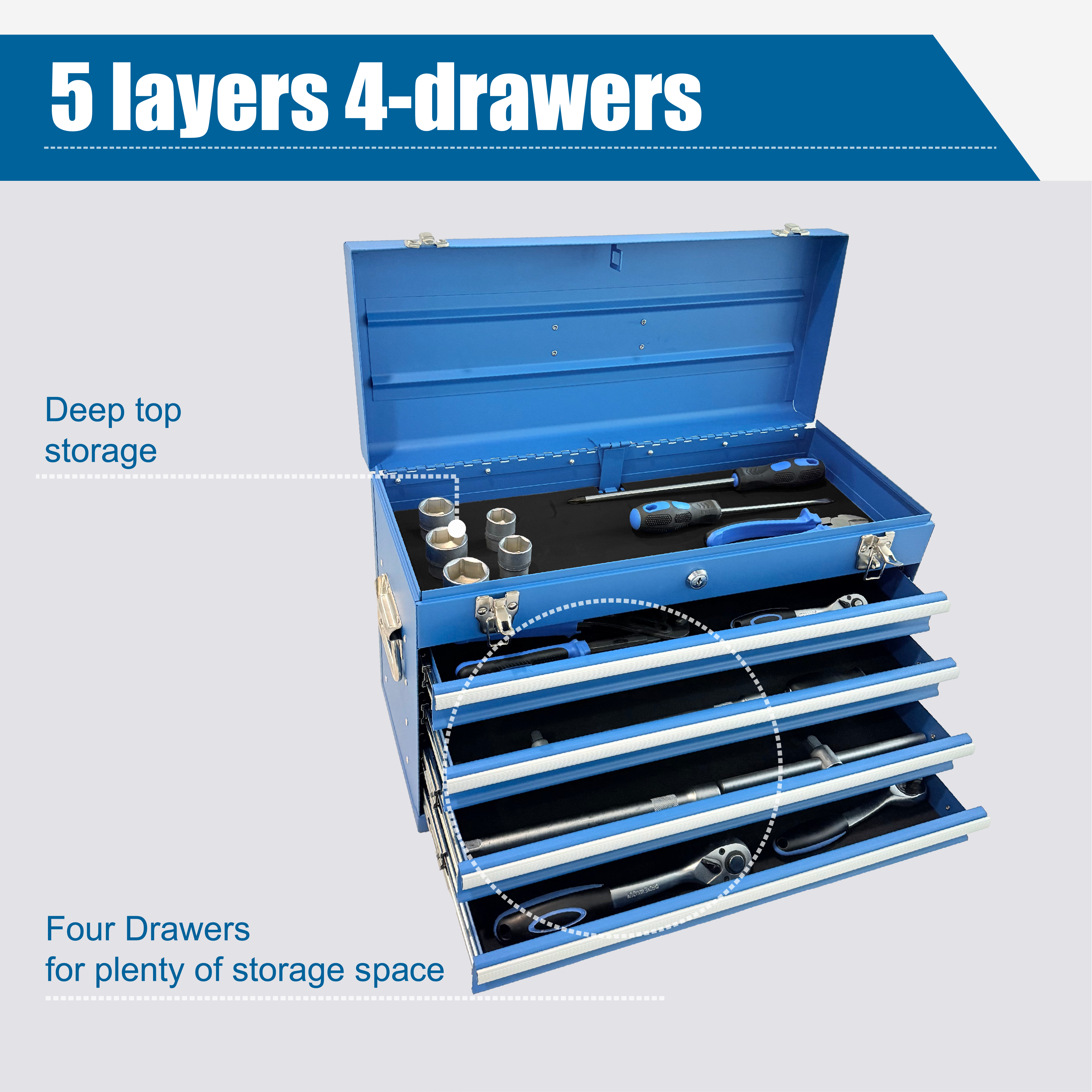 Heavy Duty Metal Tool Box – 21" Portable 4‑Drawer Tool Chest with EVA Liners, Ball Bearing Slides & Locking System