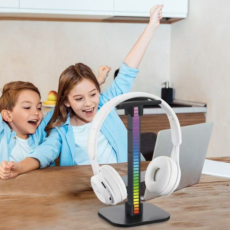 RGB Headphone Stand with LED Ambient Light, Desktop Gaming Headset Holder with Atmosphere Lighting, Plug-in or Rechargeable, Black