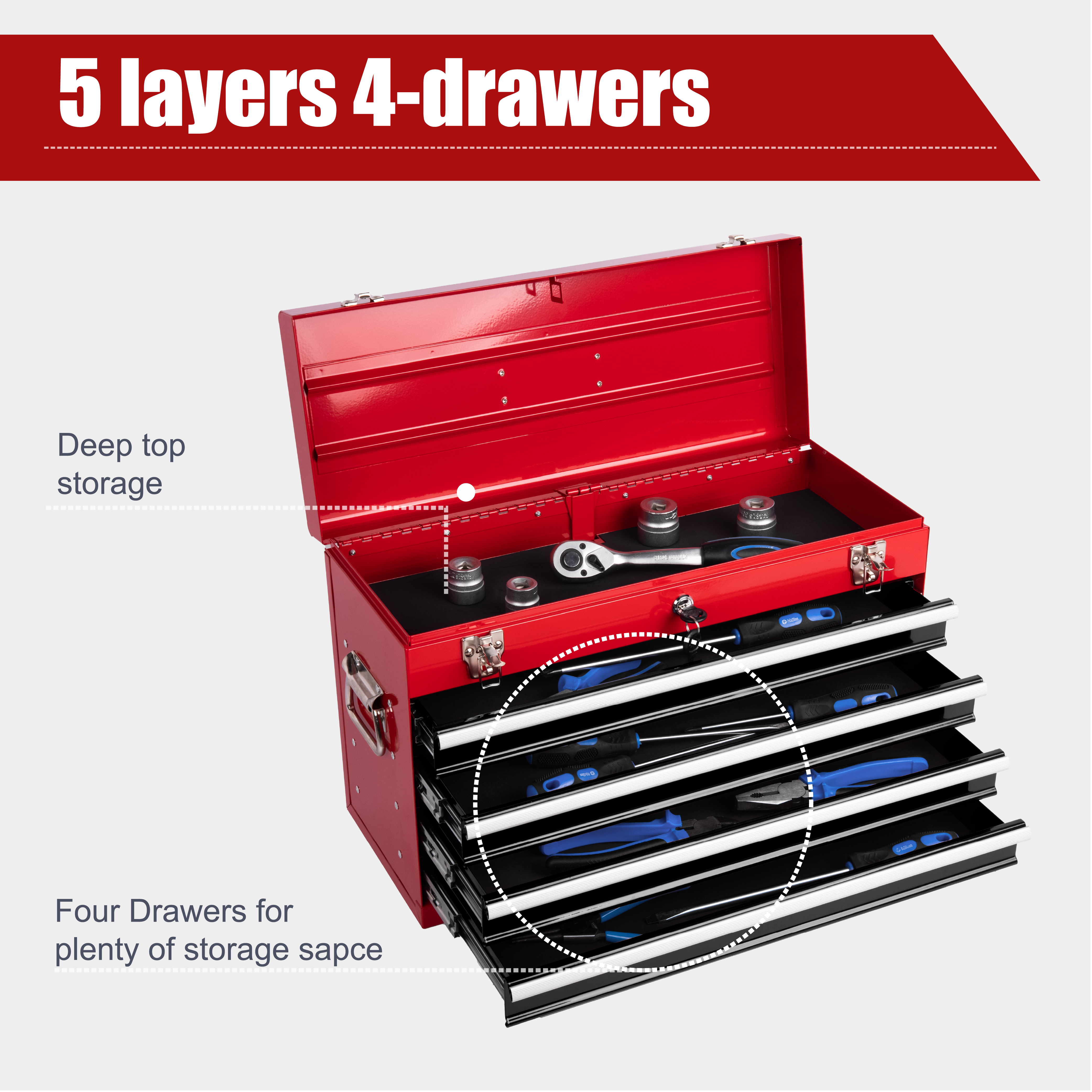 Heavy Duty Metal Tool Box – 21" Portable 4-Drawer Tool Chest with EVA Liners, Ball Bearing Slides & Locking System, Red and Black