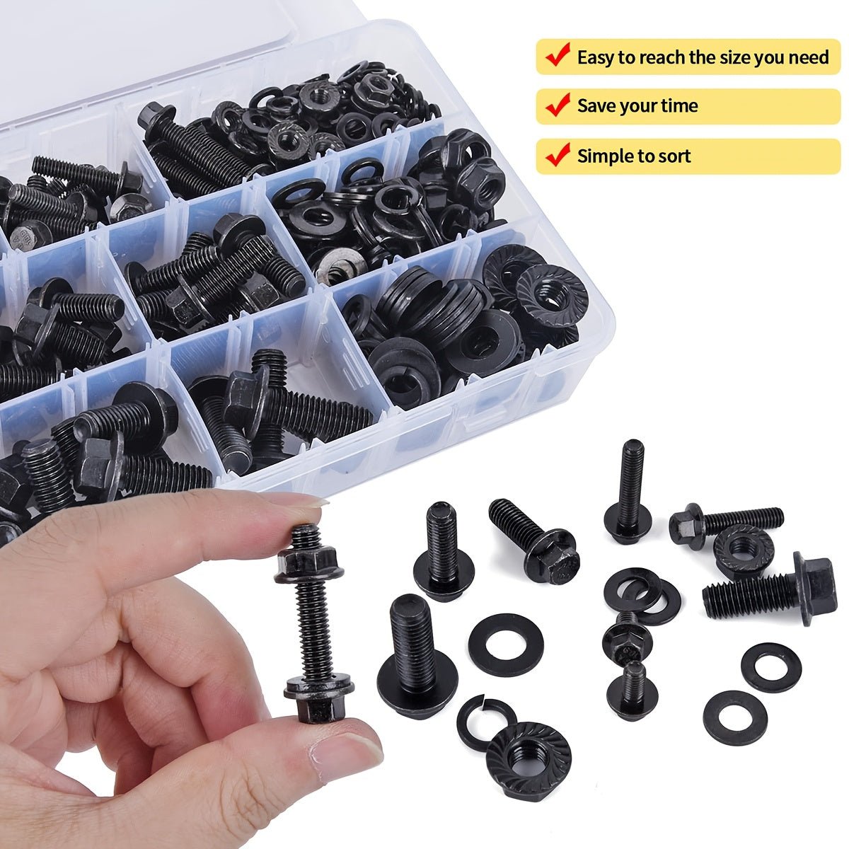 292Pcs Class 10.9 Alloy Steel Black Metric Flange Hex Bolt & Nuts Assortment Set - HomeDIYer