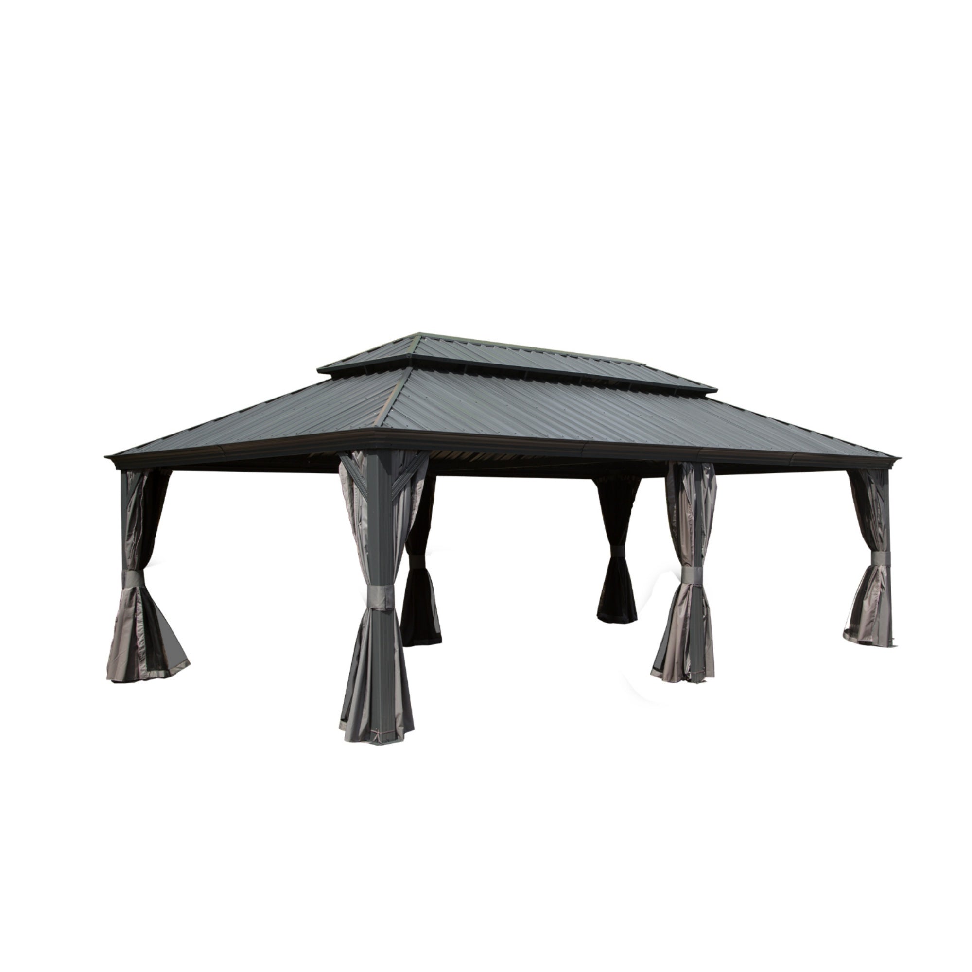 14x22 Hardtop Gazebo, Aluminum Frame, Galvanized Steel Double Roof, Built-In Gutter System, Curtains & Netting, Grey