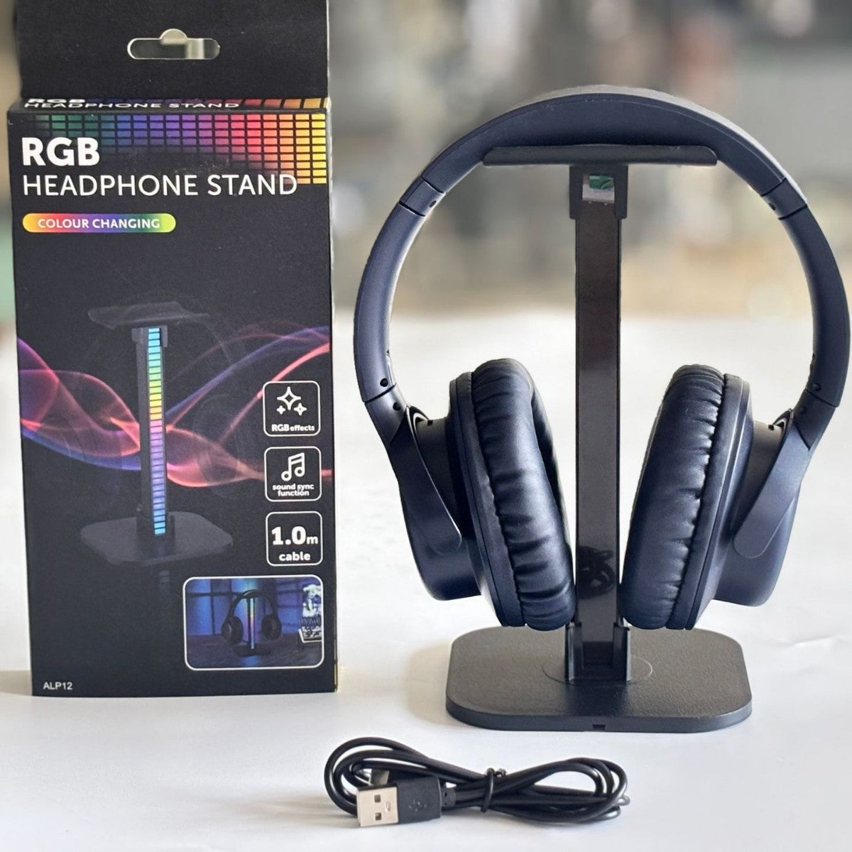 RGB Headphone Stand with LED Ambient Light, Desktop Gaming Headset Holder with Atmosphere Lighting, Plug-in or Rechargeable, Black