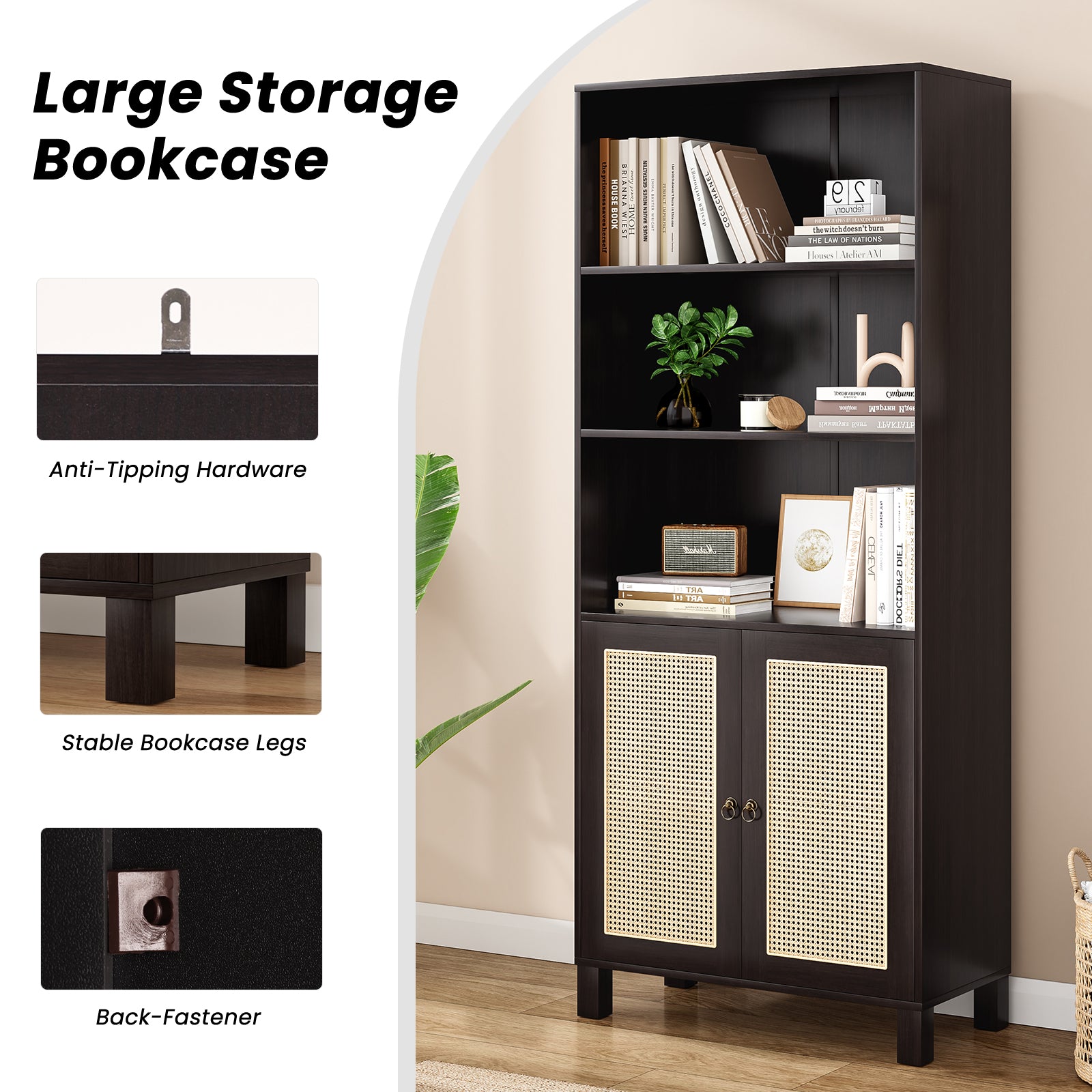 Tall Bookcase with Rattan Doors,5 Tier Storage Wood Shelves Large Bookshelf for Library Living Room Bedroom Home Office,Walnut