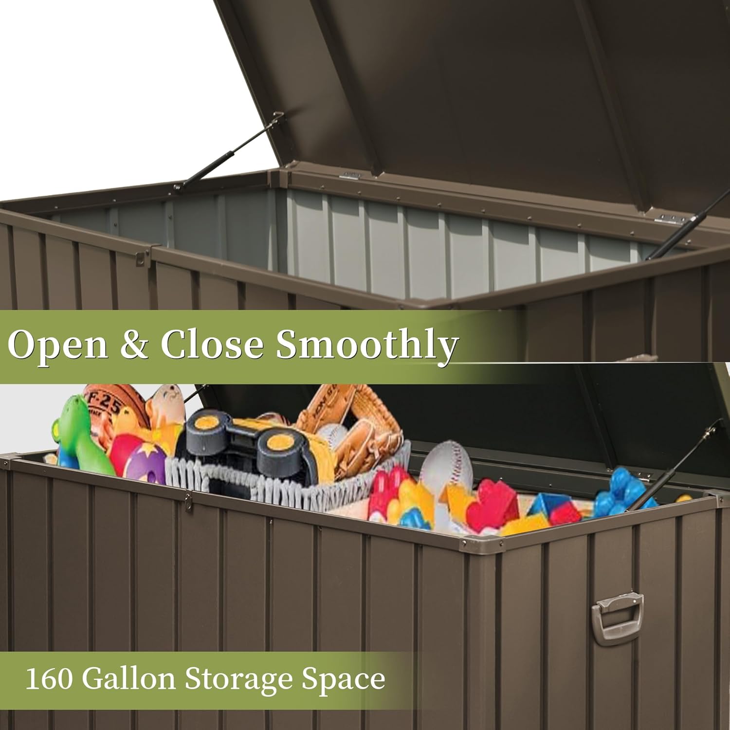 160 Gallon Outdoor Steel Deck Box – Extra-Tall Waterproof Patio Storage Bench, Dark Brown, 660 lb Capacity