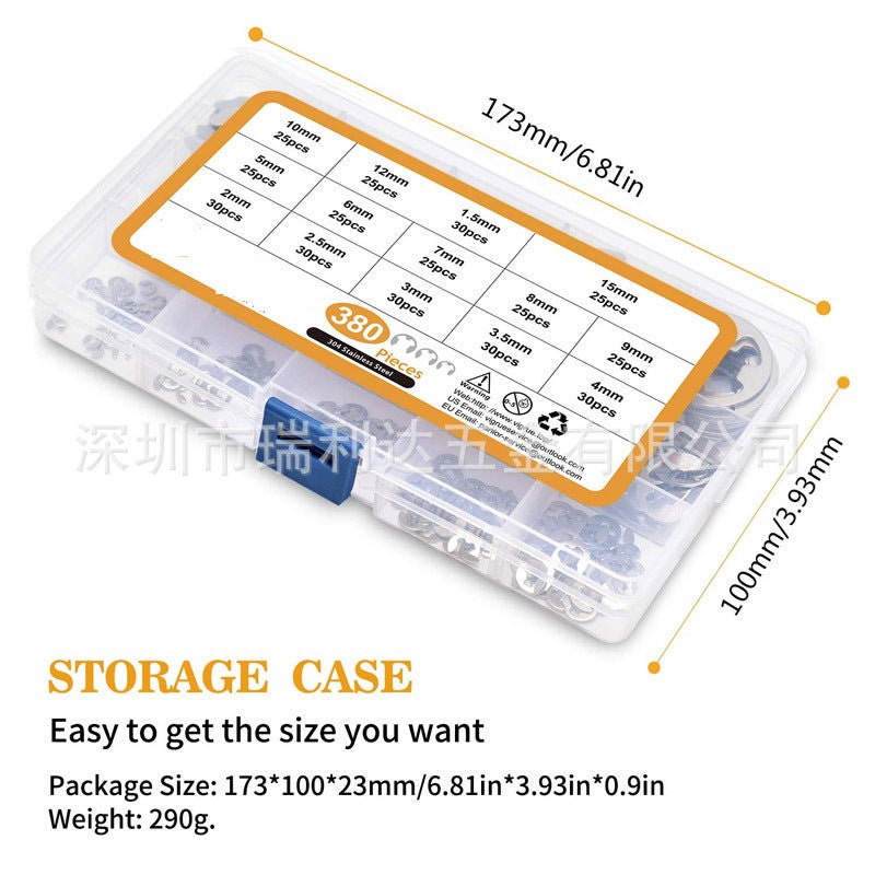 380Pcs 14 Sizes Stainless Steel E - Clip Circlip Kit Retaining Ring Assortment Set - HomeDIYer