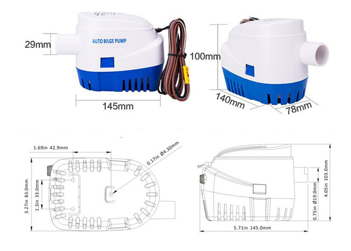 12V 1100GPH Automatic Submersible Bilge Pump – Marine Water Removal for Boats, RVs & Yachts