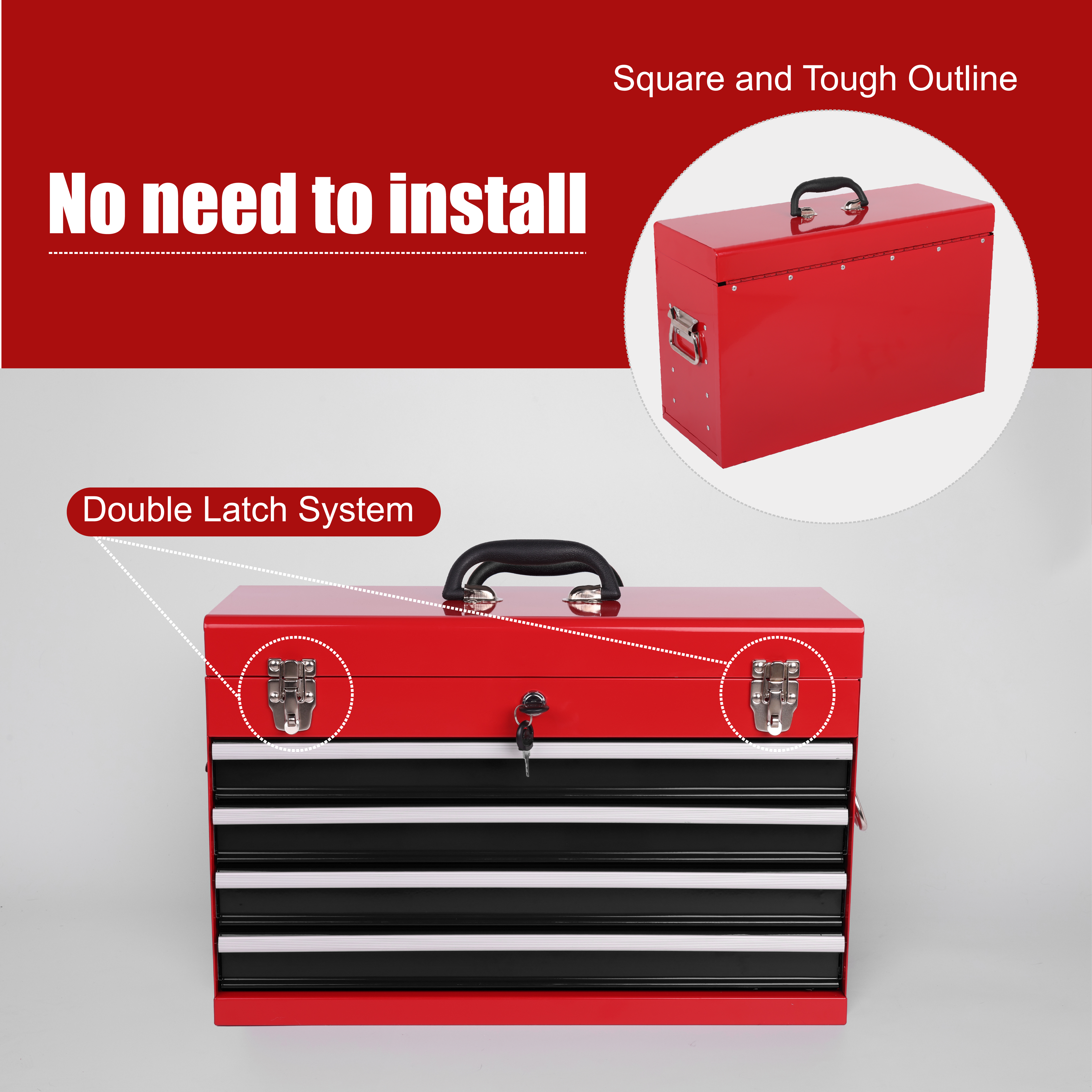 Heavy Duty Metal Tool Box – 21" Portable 4-Drawer Tool Chest with EVA Liners, Ball Bearing Slides & Locking System, Red and Black