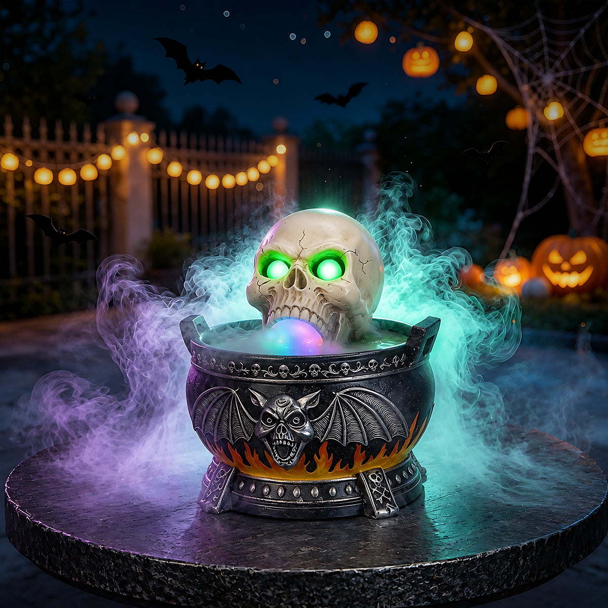 Halloween Skull Cauldron Statue with LED Lights & Mist, Resin