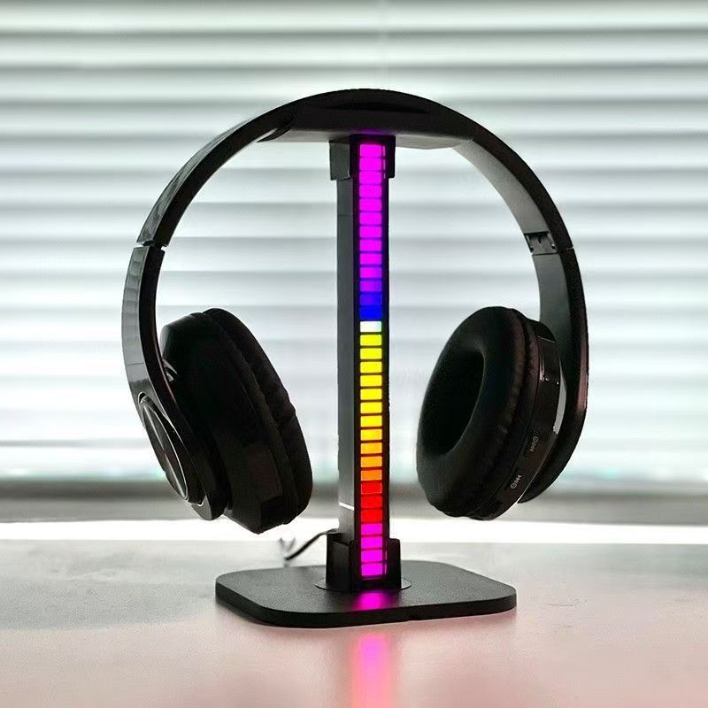 RGB Headphone Stand with LED Ambient Light, Desktop Gaming Headset Holder with Atmosphere Lighting, Plug-in or Rechargeable, Black