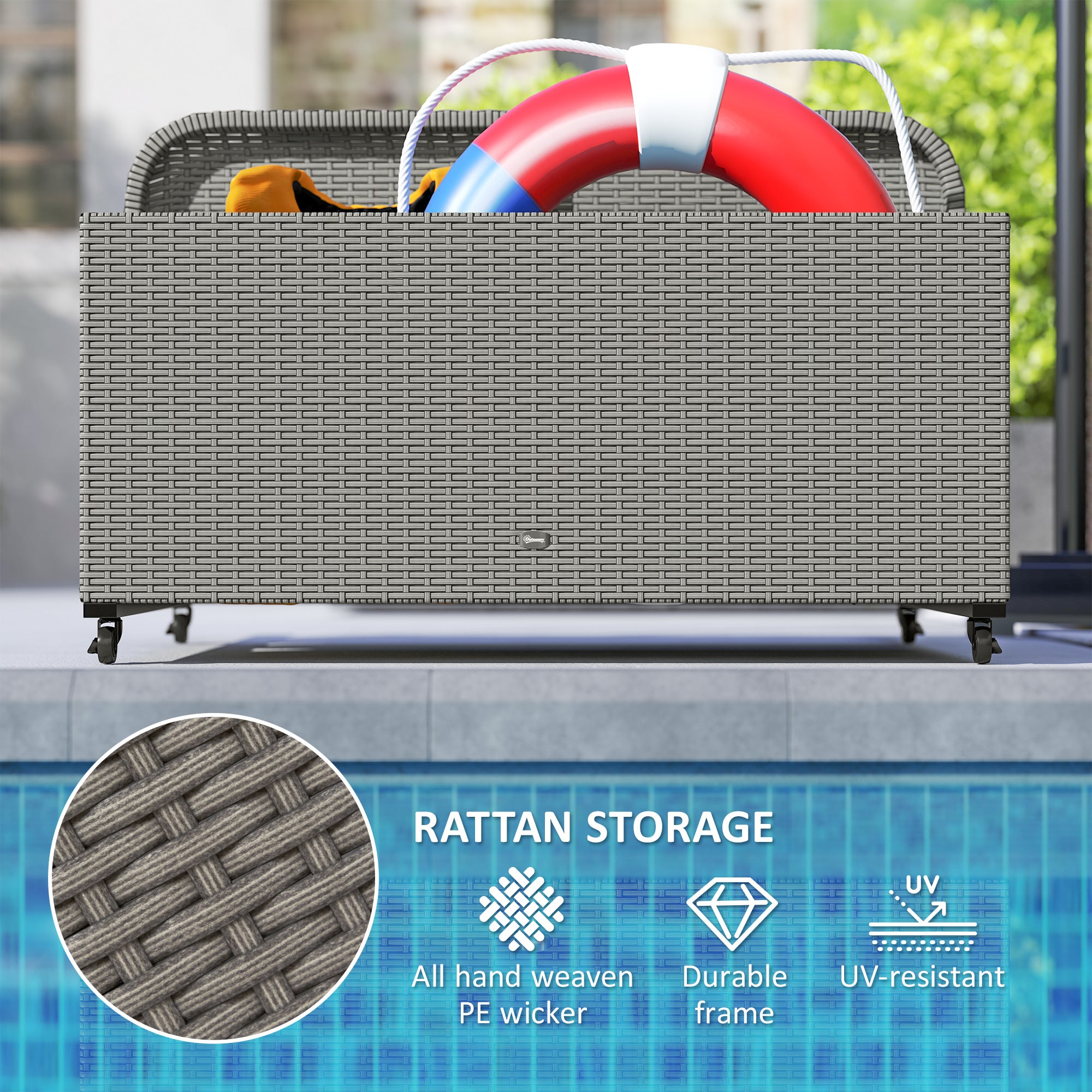 Outsunny Wicker Pool Float Storage Organizer, PE Rattan Outdoor Pool Float Holder with Rolling Wheels & Storage Rack, Mixed Gray