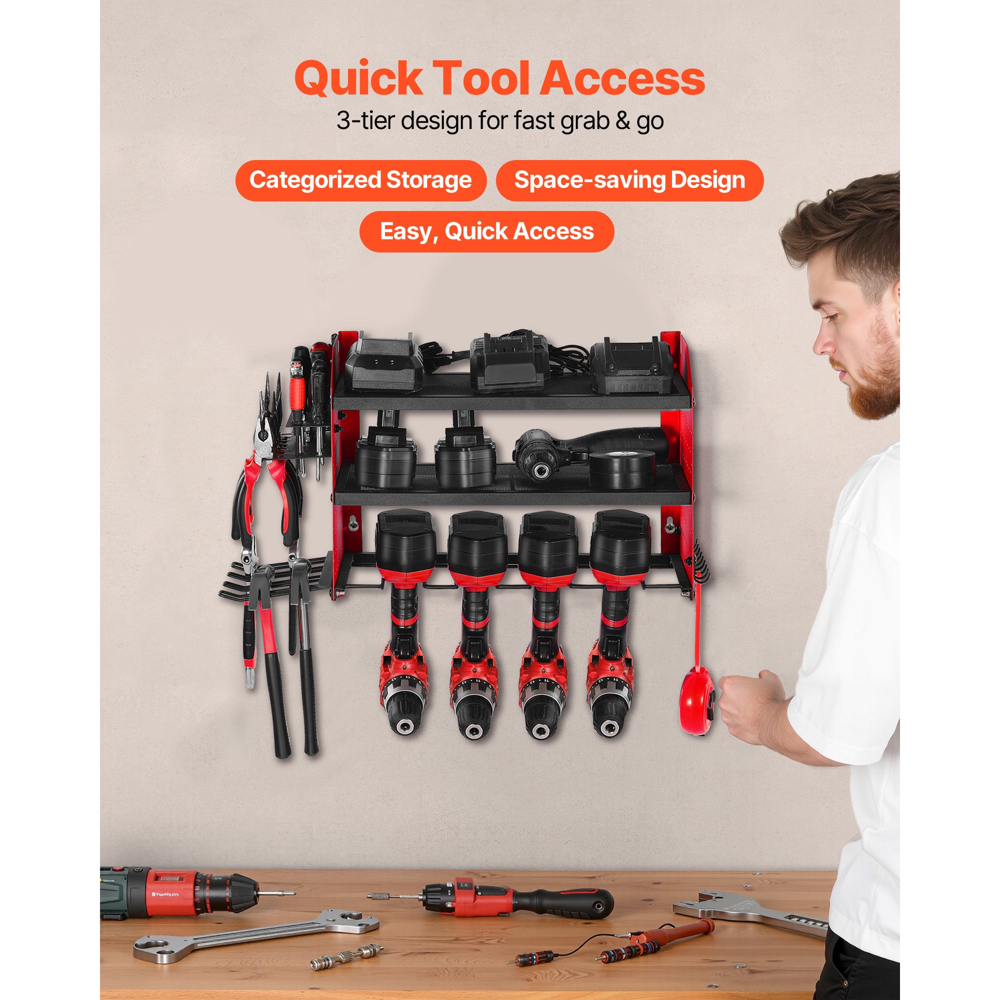 Wall Mount Power Tool Organizer, 3-Tier Rack with 4 Drill Holders & Side Pegboards, 100 lb Capacity, Q235 Steel, Red