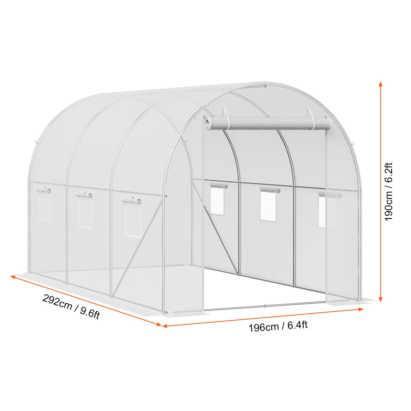 9.58ft x 6.43ft x 6.23ft Walk‑In Tunnel Greenhouse — Heavy‑Duty Galvanized Frame Thick PE Cover & Ventilation Windows White