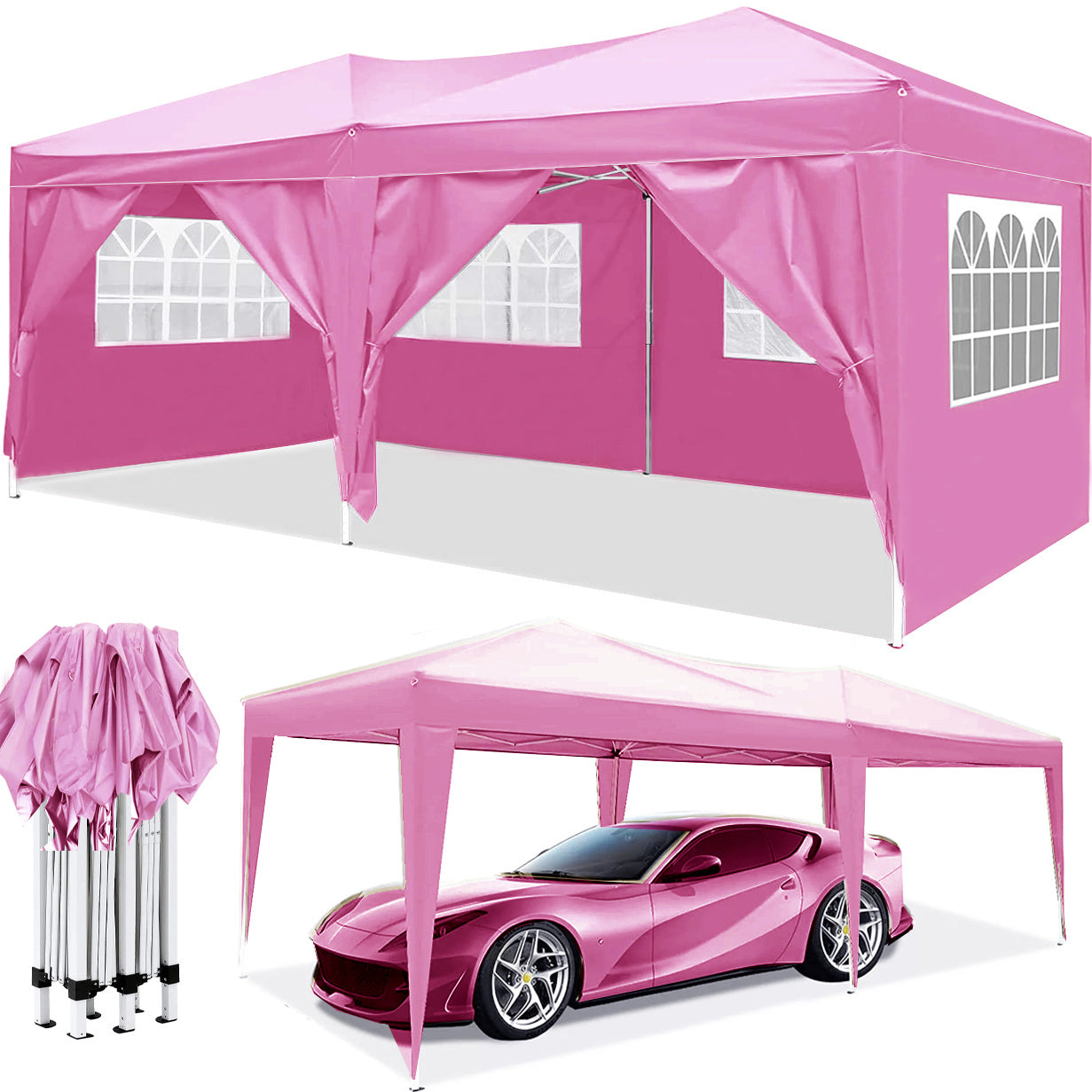 10x20 ft EZ Pop-Up Canopy Tent, 6 Removable Sidewalls, UPF 50+, 4 Weight Bags & Carry Bag – Pink