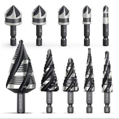 10‑Piece HSS Imperial Step Drill Bits · 4‑Flute Hex Shank