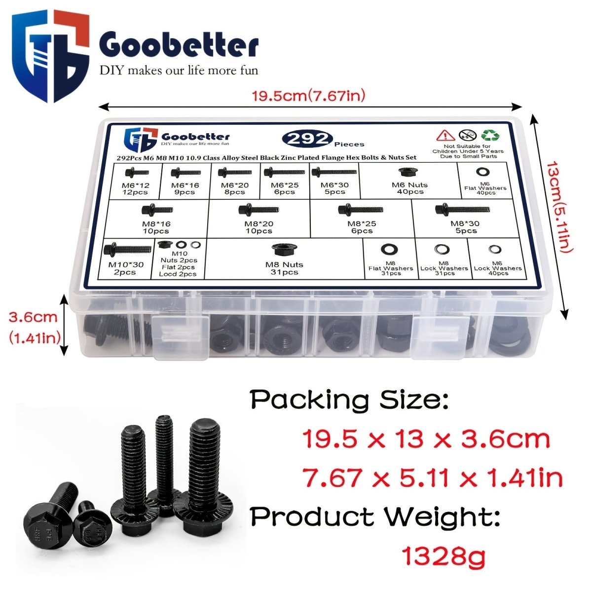 292Pcs Class 10.9 Alloy Steel Black Metric Flange Hex Bolt & Nuts Assortment Set - HomeDIYer