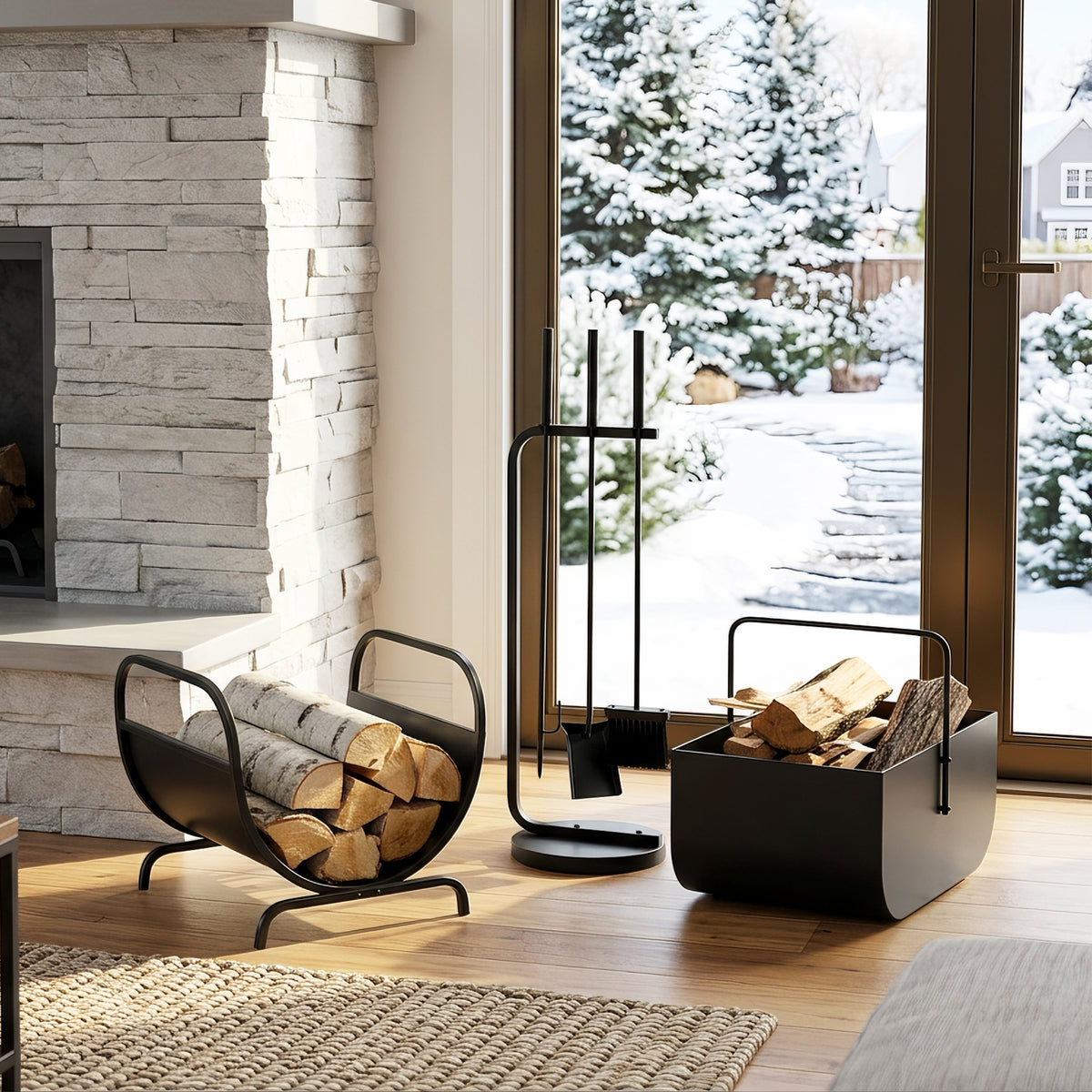 Modern 3-Piece Fireplace Accessory Set Log Rack Firewood Bucket & Tools Black | HomeDIYer