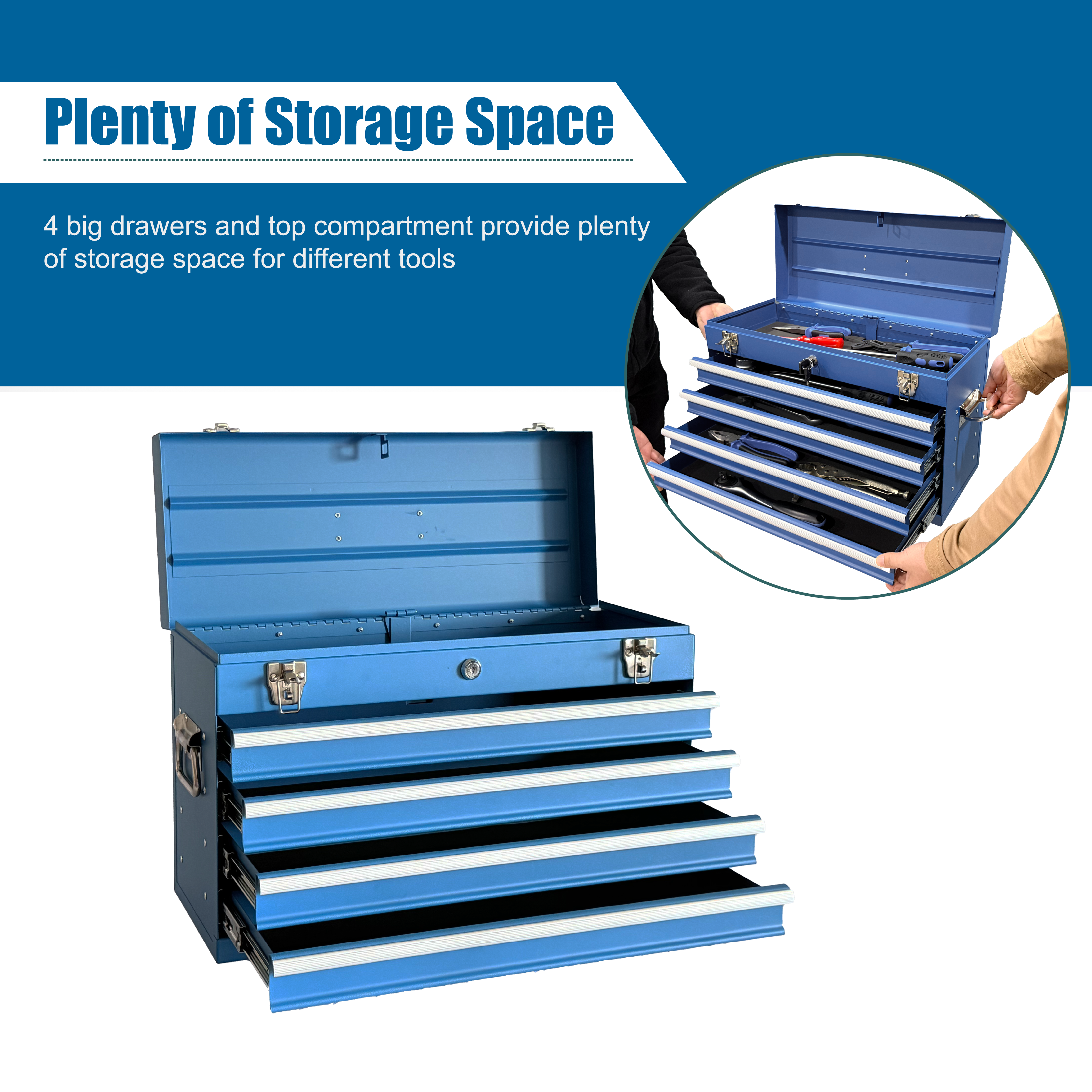 Heavy Duty Metal Tool Box – 21" Portable 4‑Drawer Tool Chest with EVA Liners, Ball Bearing Slides & Locking System