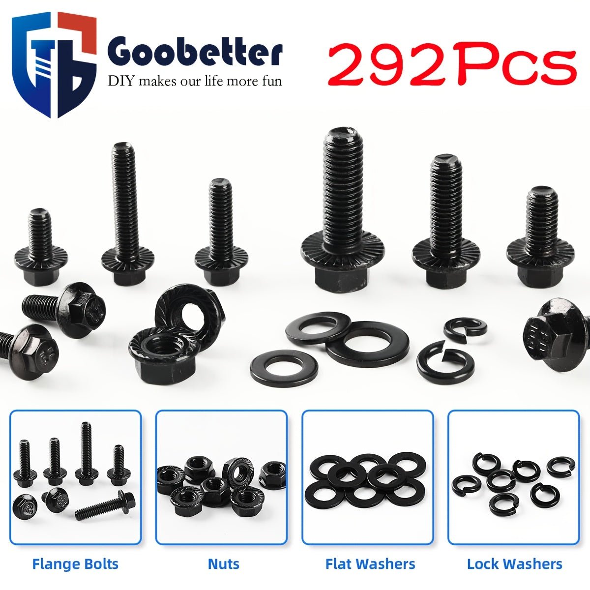 292Pcs Class 10.9 Alloy Steel Black Metric Flange Hex Bolt & Nuts Assortment Set - HomeDIYer