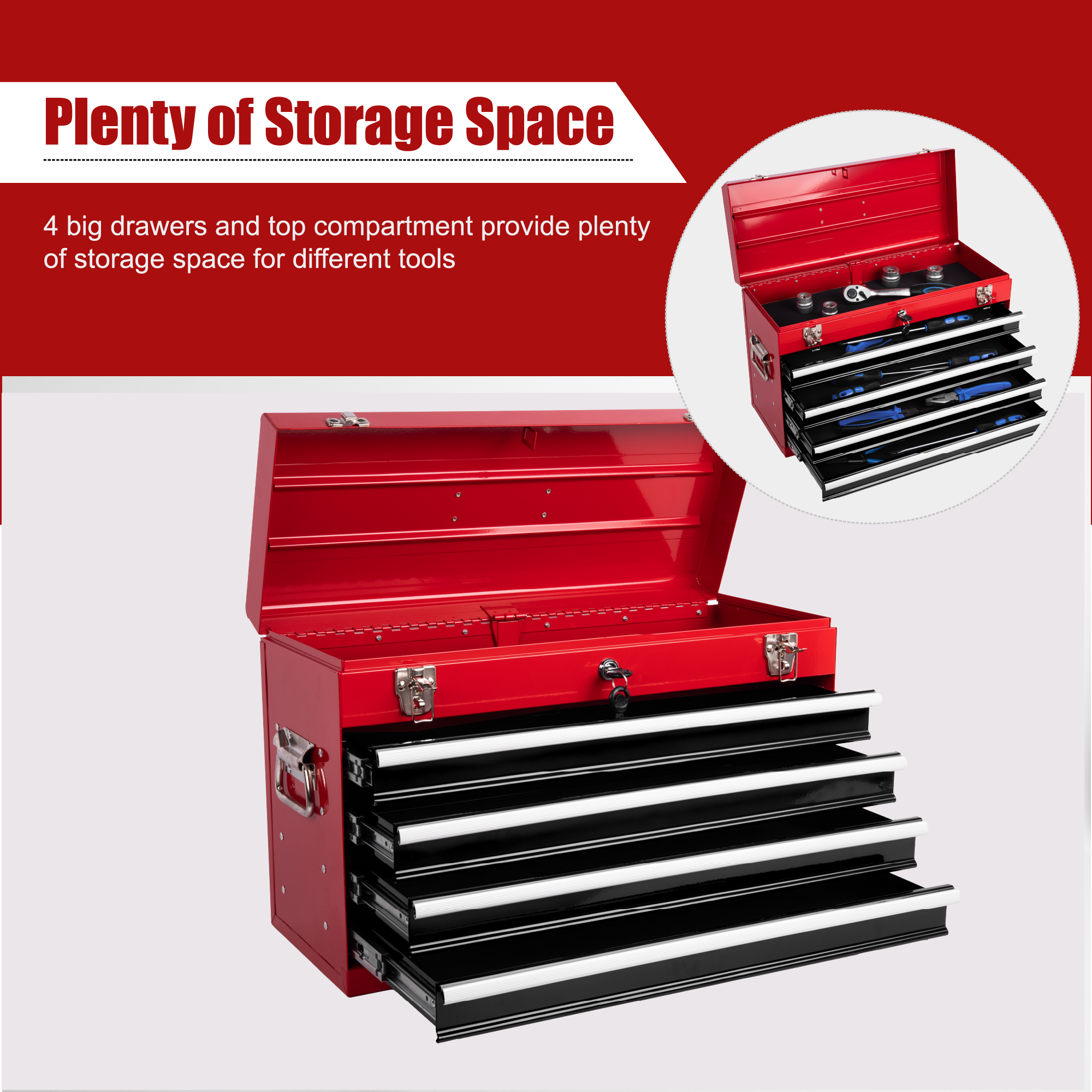 Heavy Duty Metal Tool Box – 21" Portable 4-Drawer Tool Chest with EVA Liners, Ball Bearing Slides & Locking System, Red and Black