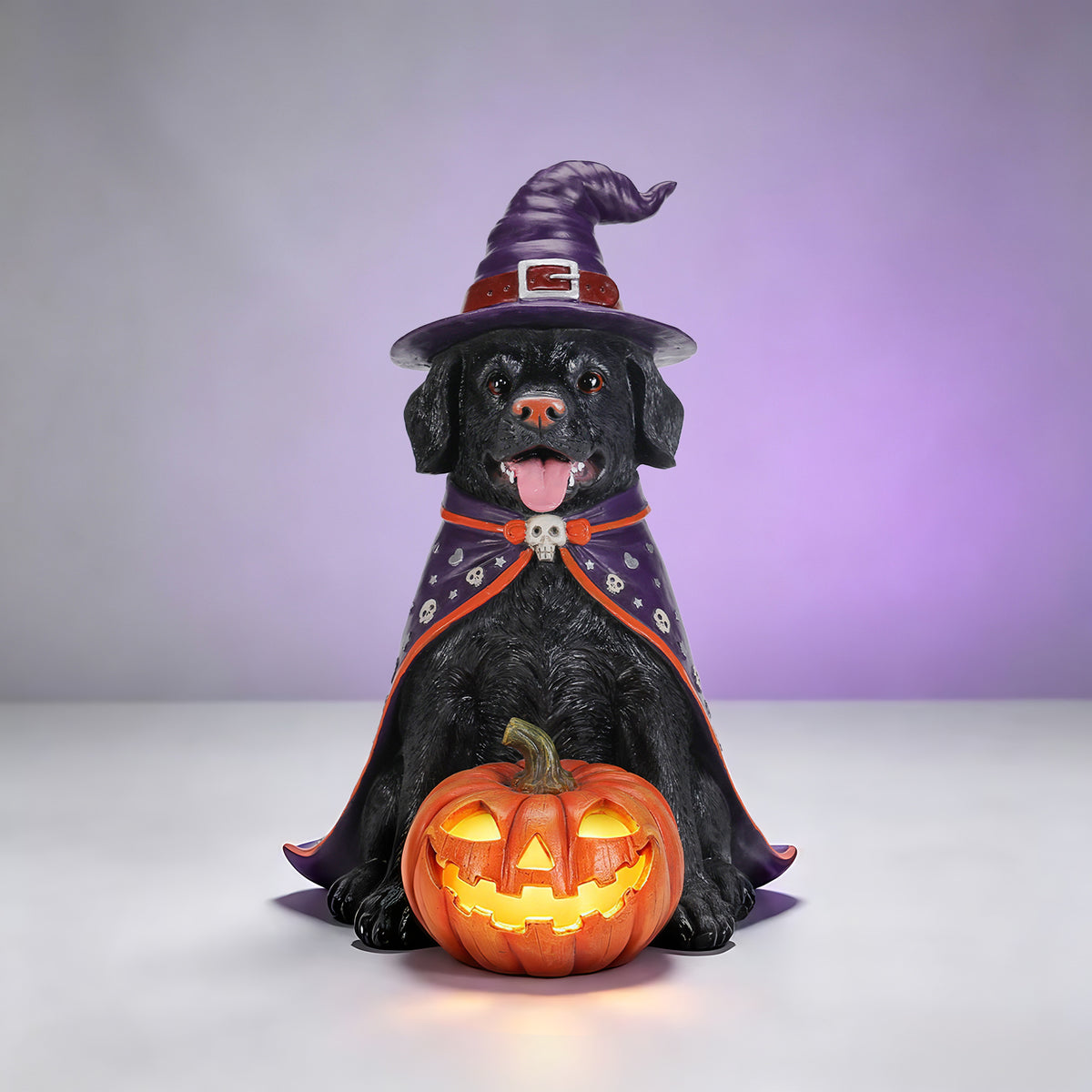 Halloween Labrador Witch Figurine with Pumpkin Candy Bowl, 12.6 in