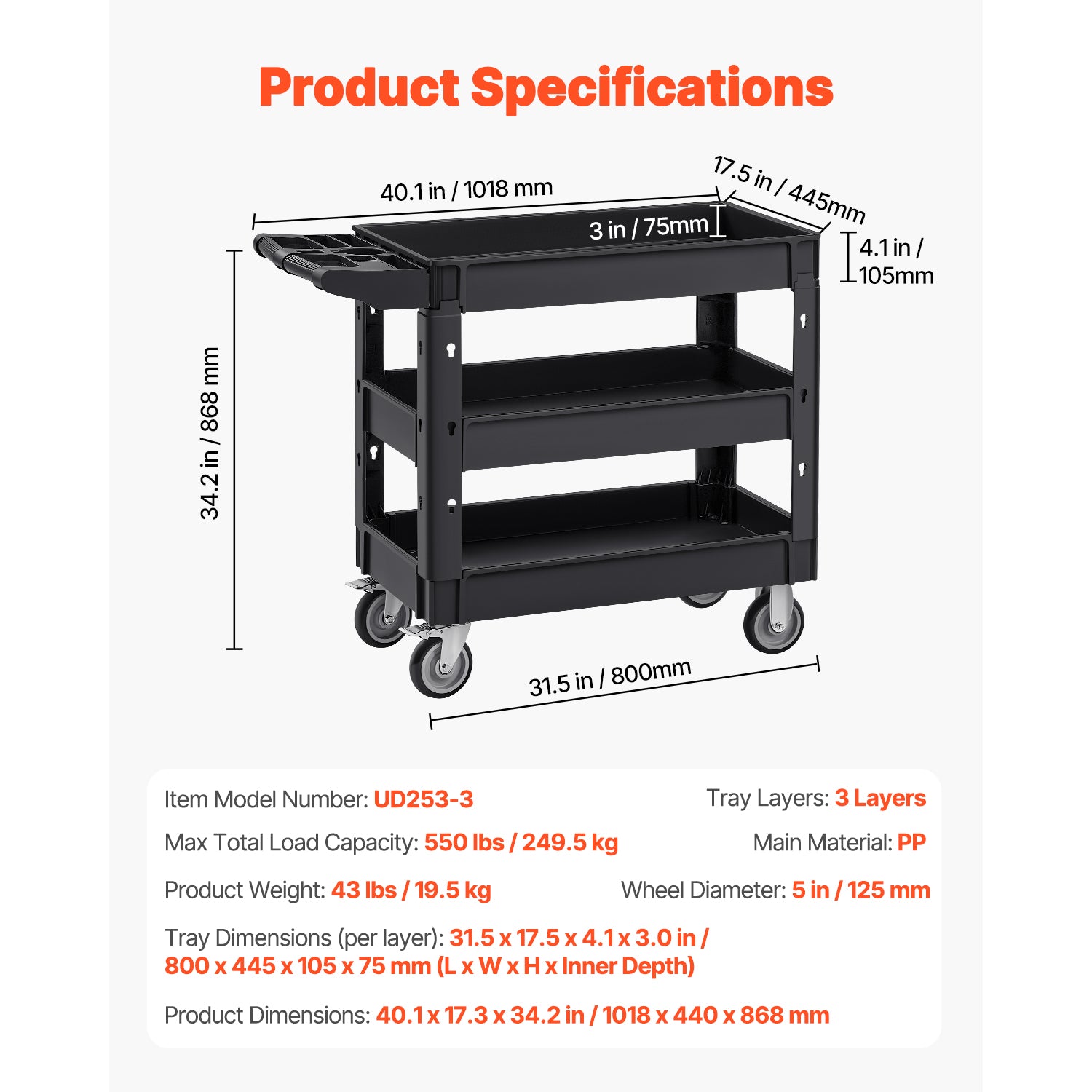 Utility Service Cart, 3 Shelf 550LBS Heavy Duty Plastic Rolling Utility Cart with 360° Swivel Wheels (2 with Brakes), Medium Lipped Shelf, Ergonomic Storage Handle for Warehouse/Garage/Cleaning