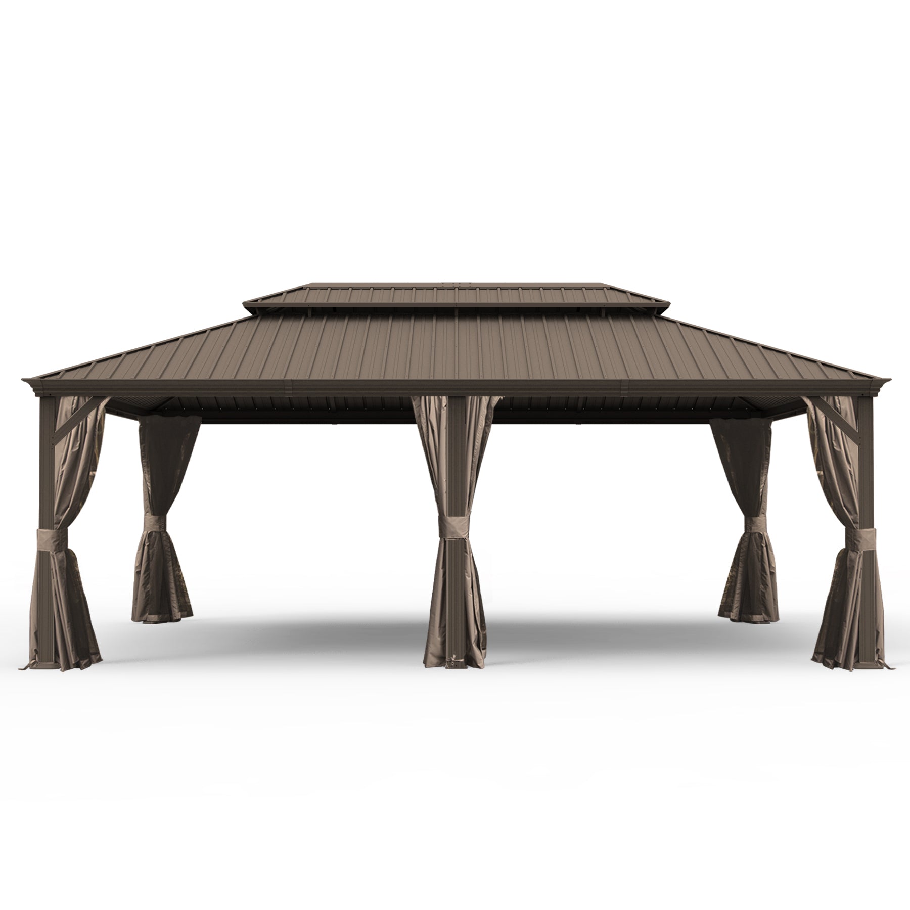 14x24 Ft Hardtop Gazebo, Dual-Layer Galvanized Steel Roof, Built-In Drainage, Curtains & Netting, Brown