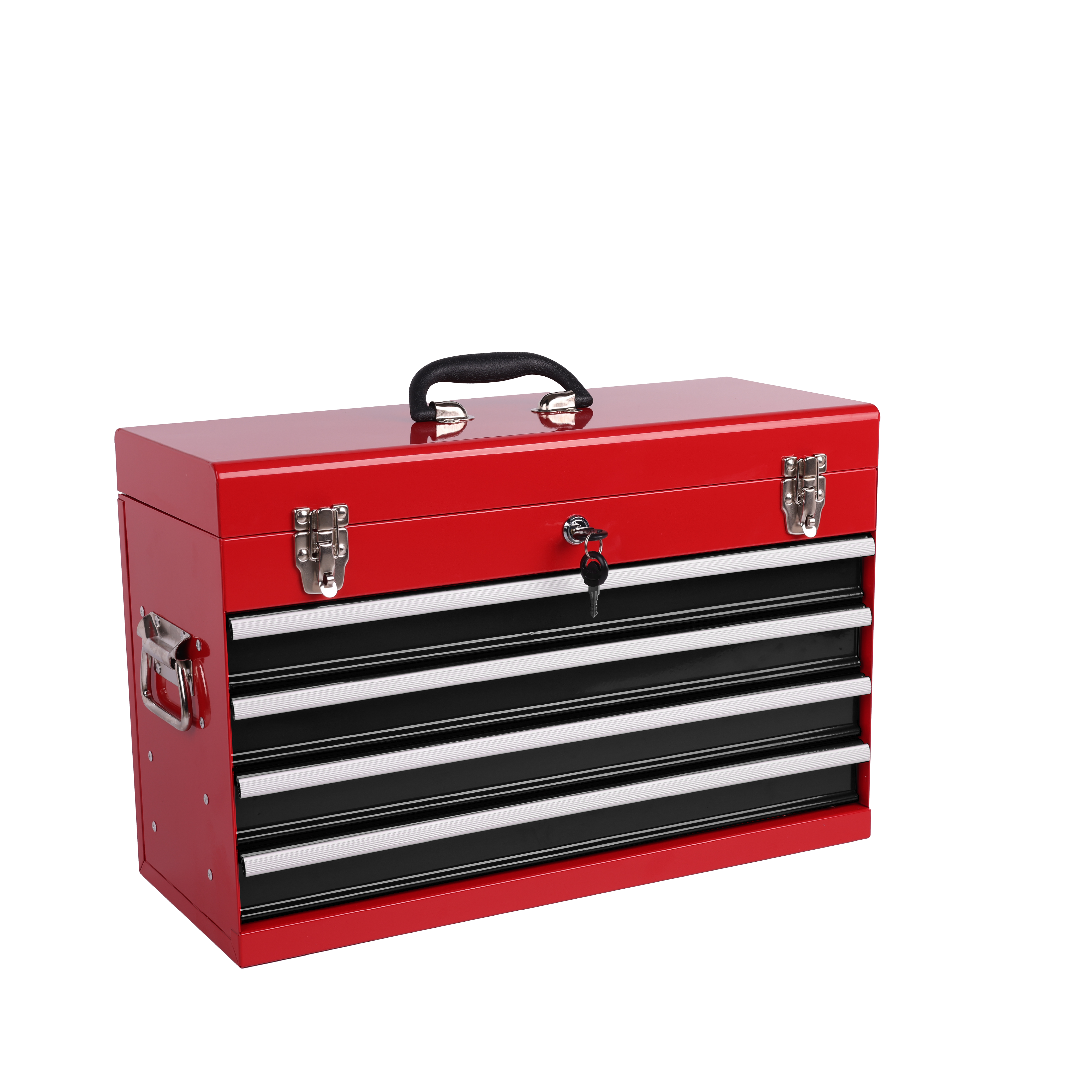 Heavy Duty Metal Tool Box – 21" Portable 4-Drawer Tool Chest with EVA Liners, Ball Bearing Slides & Locking System, Red and Black