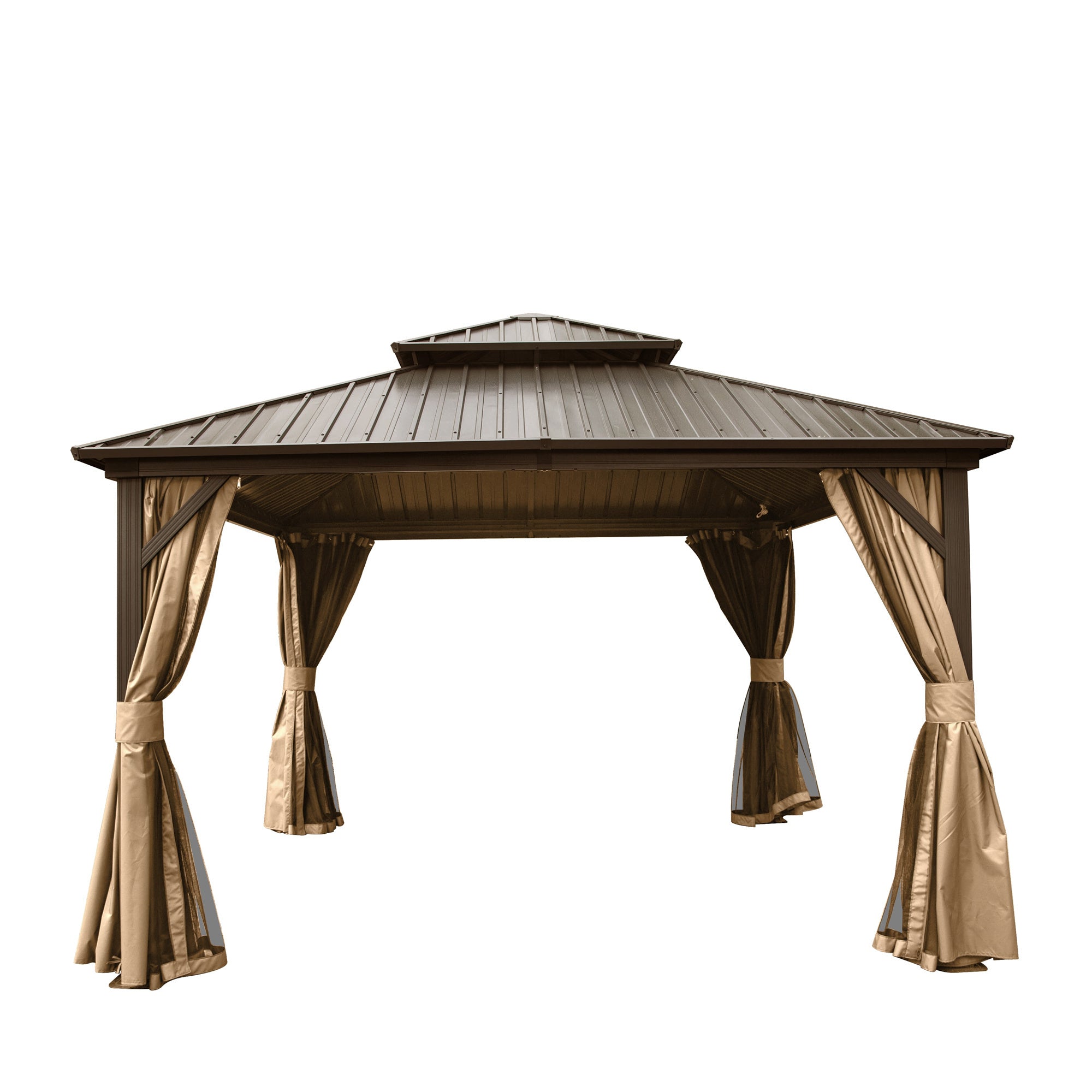 12x12 ft Hardtop Gazebo with Double Roof, Curtains & Netting – Aluminum, Brown