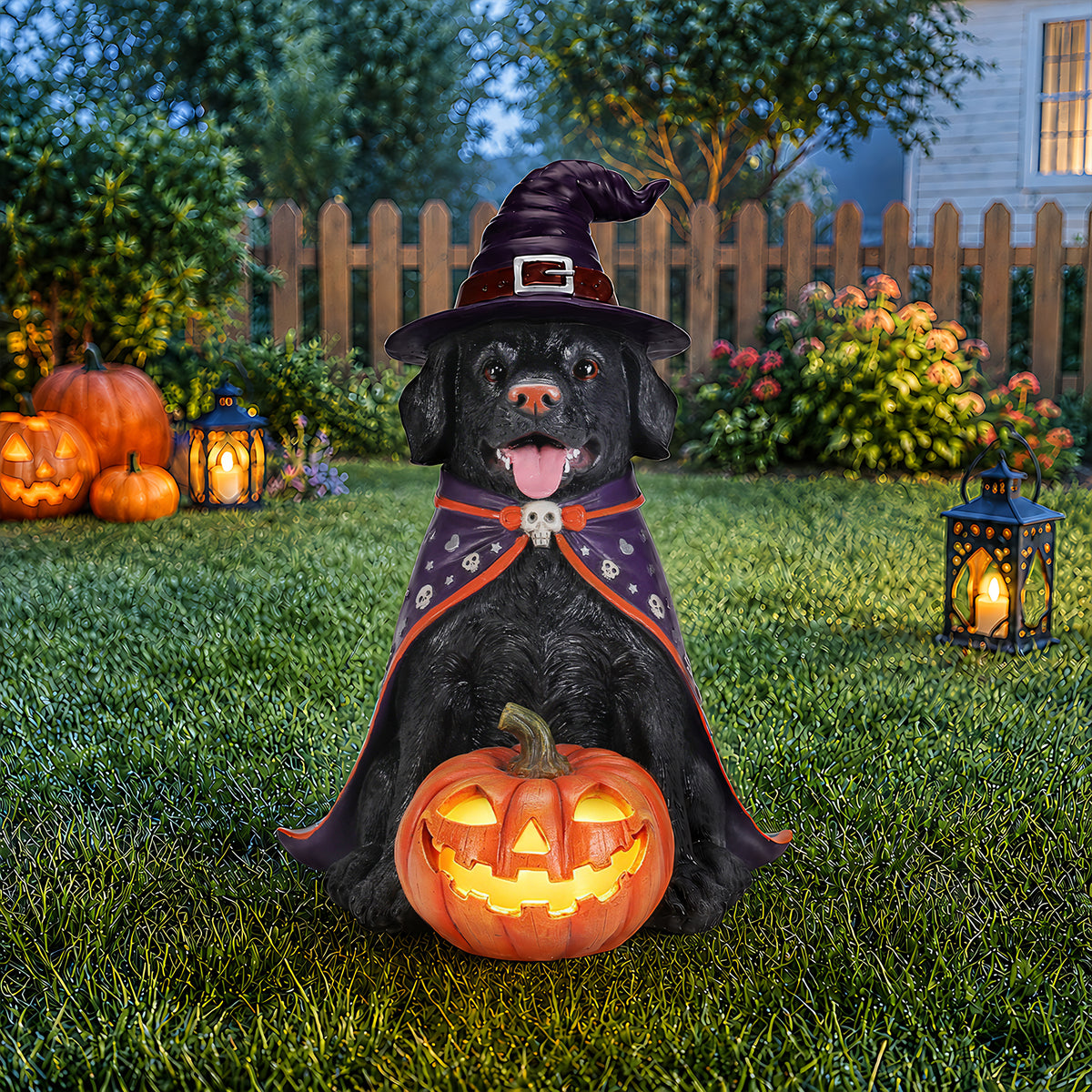 Halloween Labrador Witch Figurine with Pumpkin Candy Bowl, 12.6 in