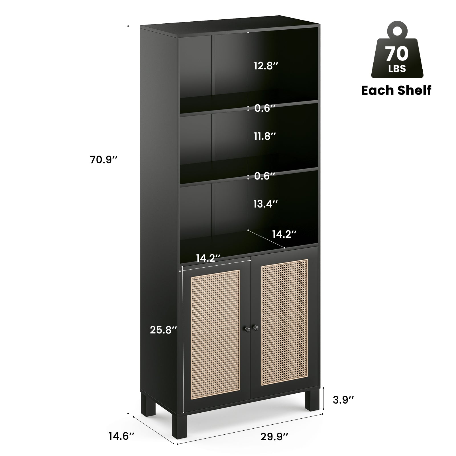 Tall Bookcase with Rattan Doors,5 Tier Storage Wood Shelves Large Bookshelf for Library Living Room Bedroom Home Office,Black