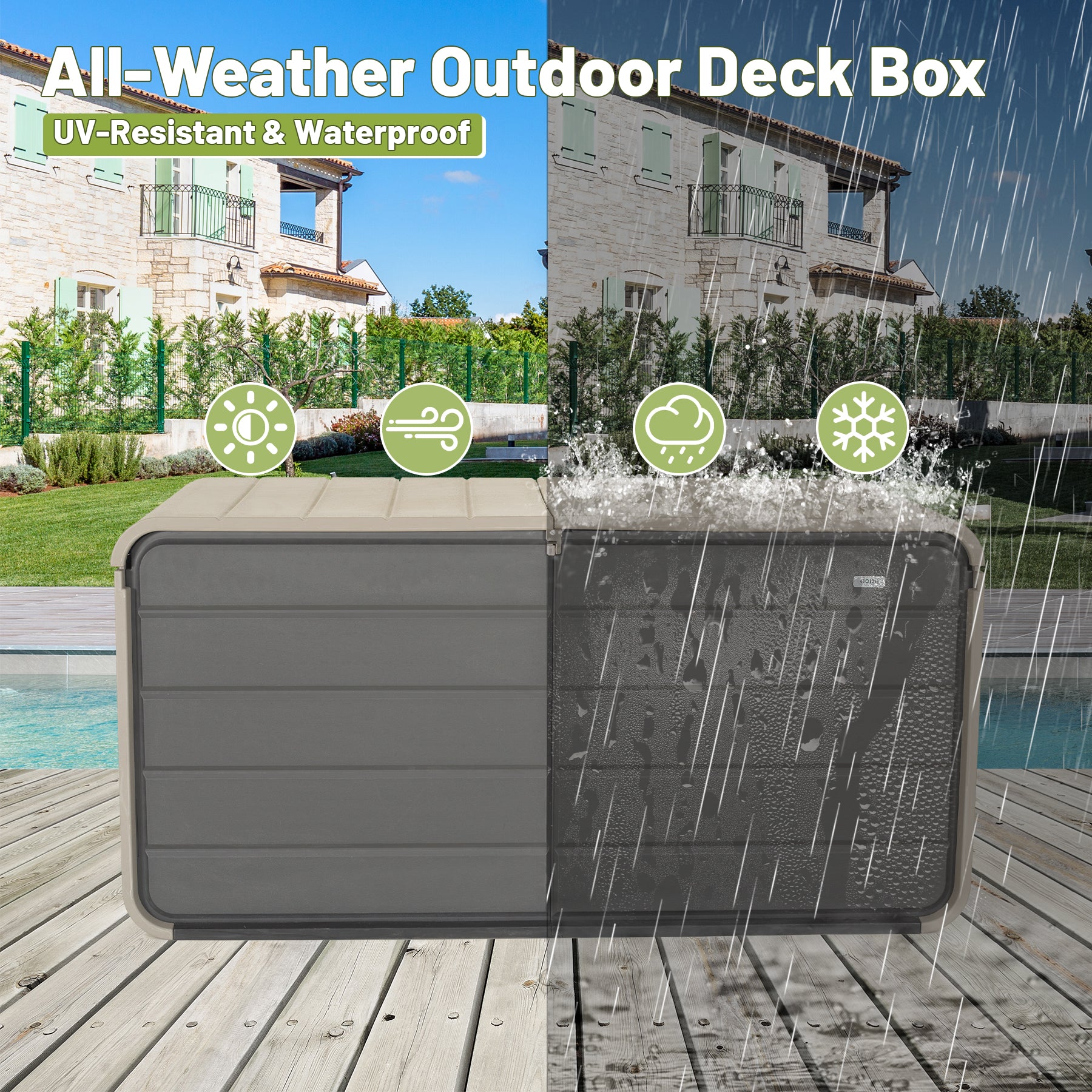 260 Gallon Plastic Deck Box — Extra‑Large Waterproof Outdoor Storage Bench with Wheels & Lock, Gray