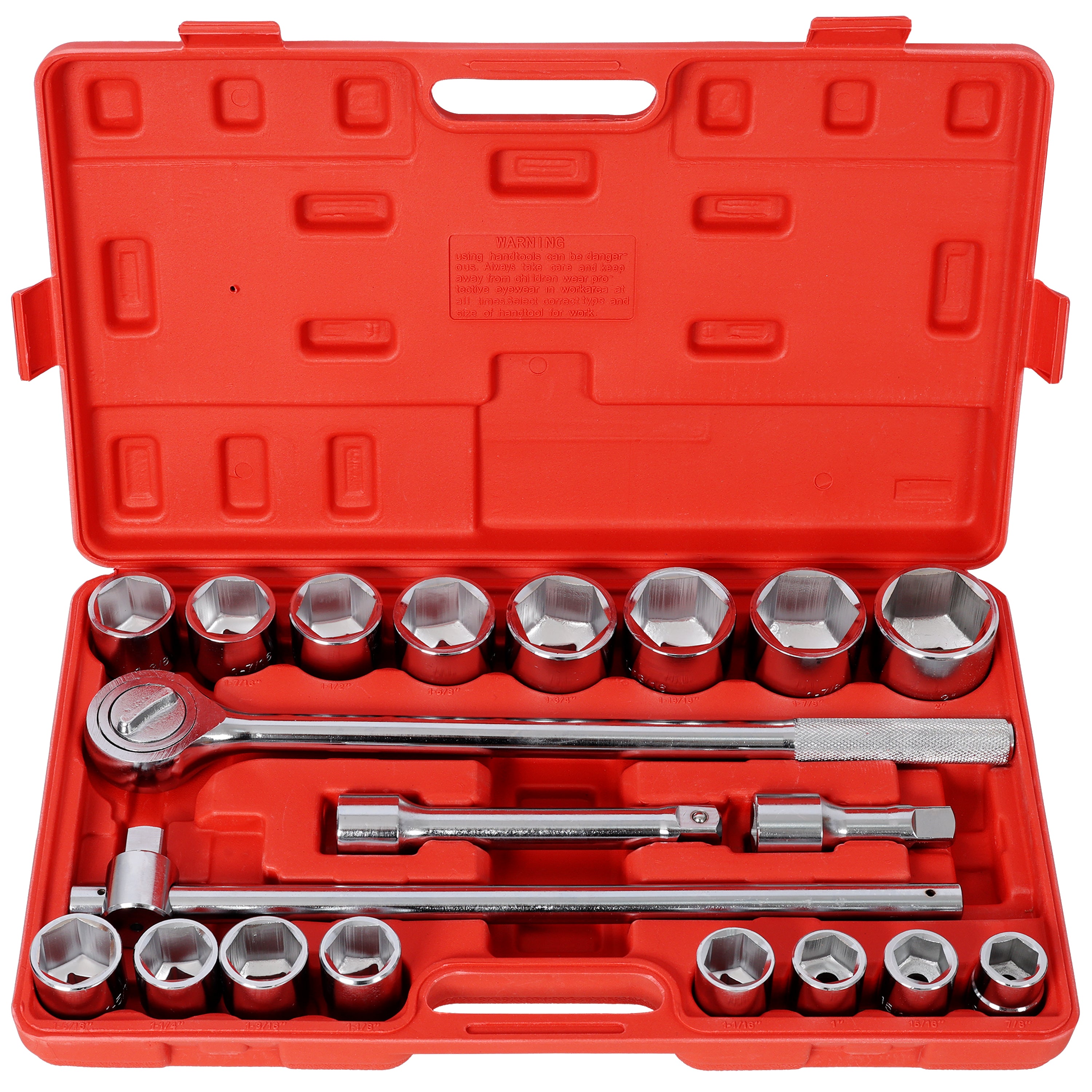 21‑Piece 3/4" Drive SAE Socket Set — 6‑Point, 7/8" to 2", with Ratchet & Breaker Bar, Red Case