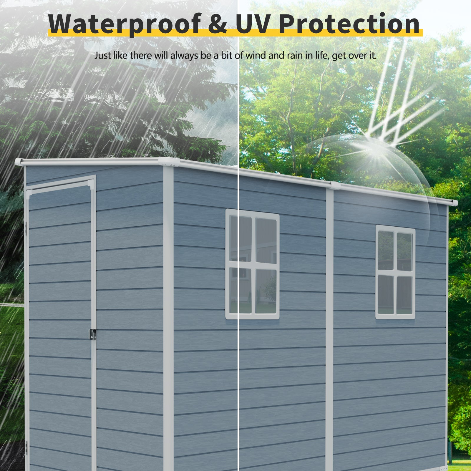 4x8ft Outdoor Storage Shed with Floor Resin shed with Two-Window, Waterproof ,Lockable Doors for Patio,Yard,Lawn --Gray