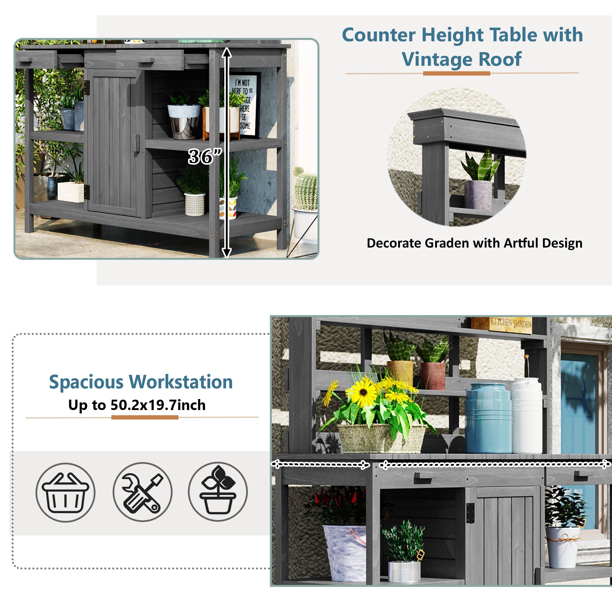 TOPMAX 66'' Large Outdoor Farmhouse Wooden Potting Bench Table, Garden Workstation with 2 Drawers,Cabinet and Open Shelves for Backyard, Mudroom, Gray