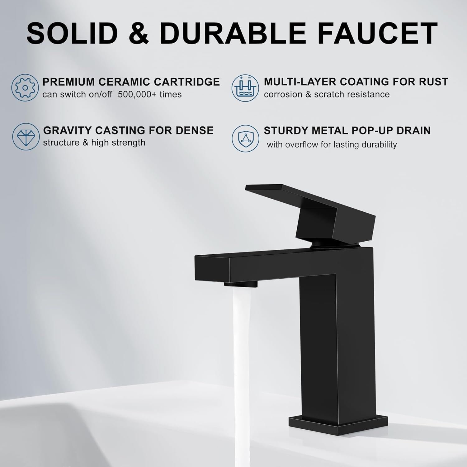 Single Handle Bathroom Faucet, Matte Black Single Hole Bathroom Faucet, Solid Brass Modern Bathroom Sink Faucet Basin Vanity Square Bathroom Faucet with Pop-up Drain & Water Supply Hoses