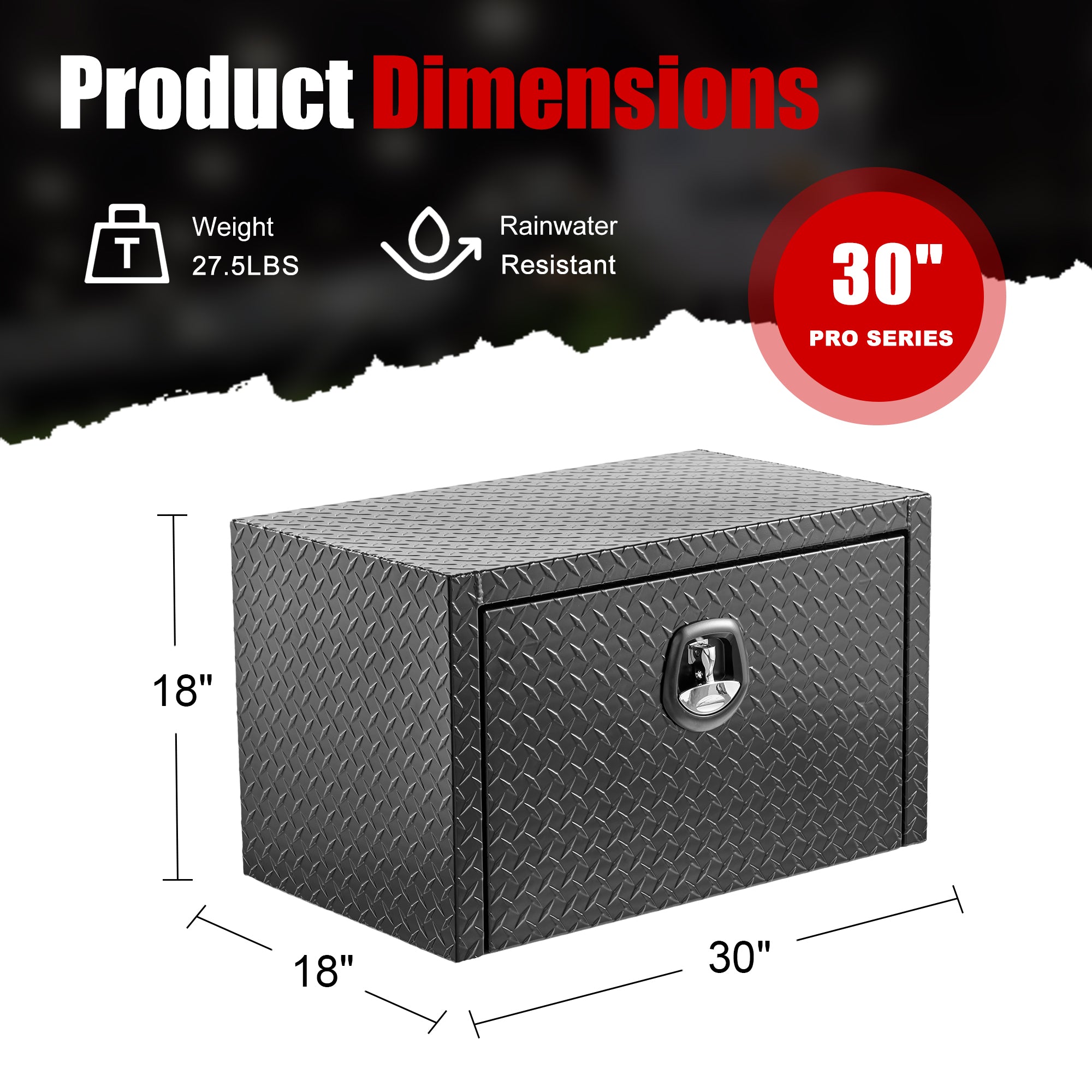 30" Aluminum Underbody Truck Tool Box — Matte Black Diamond Plate, Waterproof & Lockable