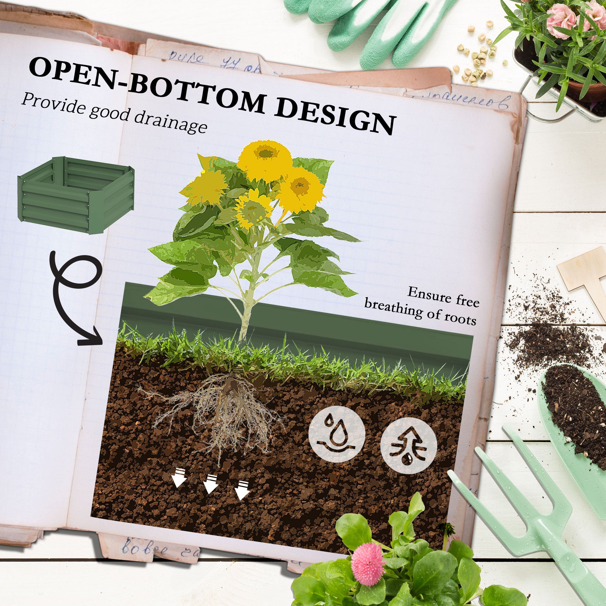 Outsunny Galvanized Raised Garden Bed, 24" x 24" x 11.75" Outdoor Planter Box with Trellis Tomato Cage and Open Bottom for Climbing Vines, Vegetables, Flowers in Backyard, Garden, Patio, Green