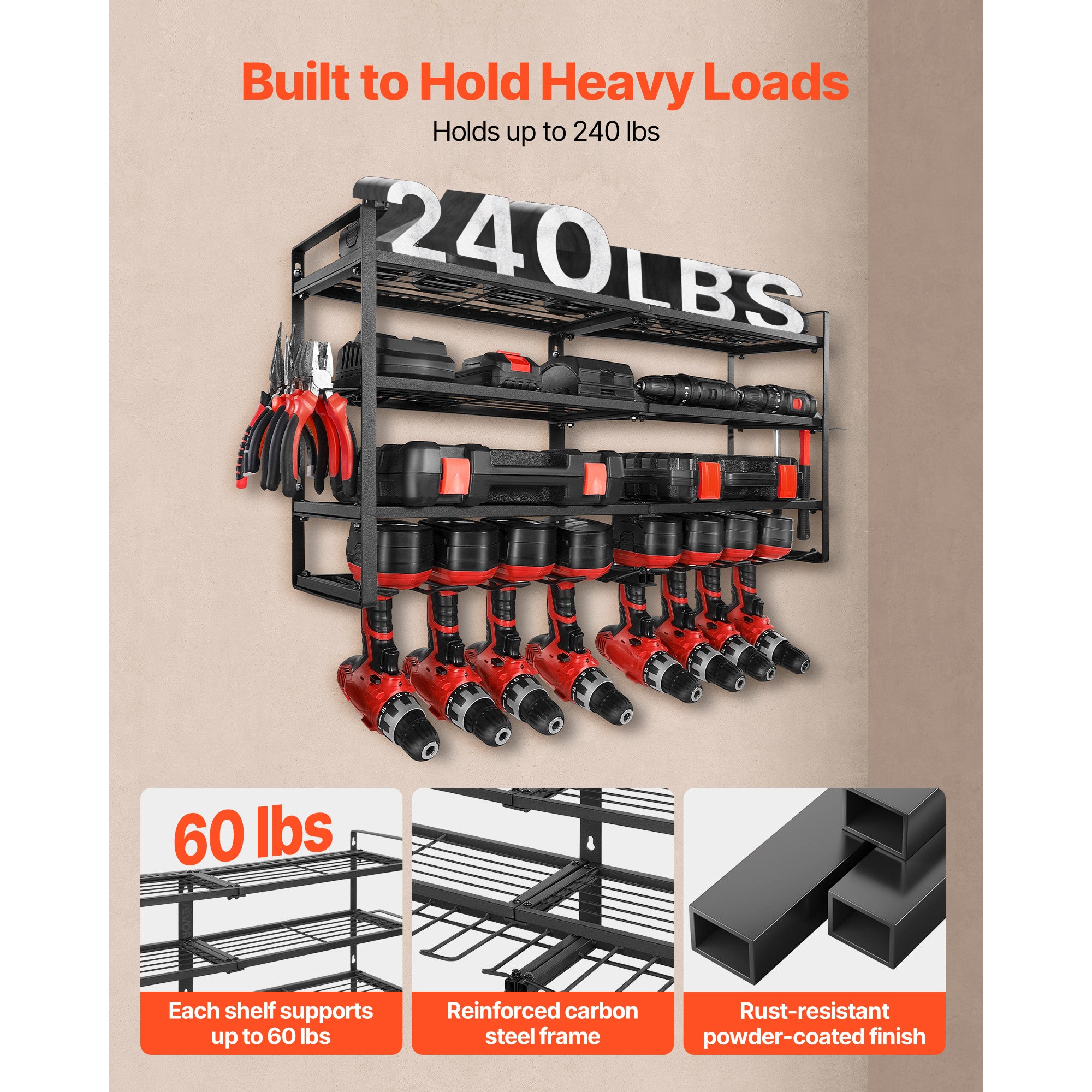 Power Tool Organizer Wall Mount – 4-Layer Storage Rack with 8 Drill Holders & Screwdriver Holder for Garage, Workbench, Workshop
