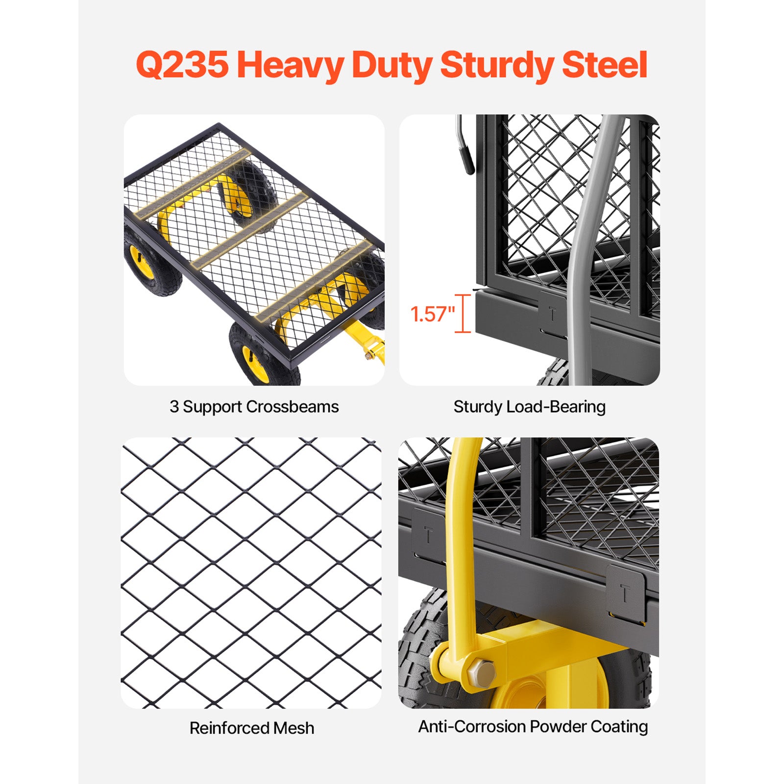 500 Lbs Steel Garden Cart, Heavy Duty Pullable Cart with Wheels for Garden, Metal Yard Utility Wagon with 10" All Terrain Tires, Removable Mesh Sides and 180° Rotating Handle