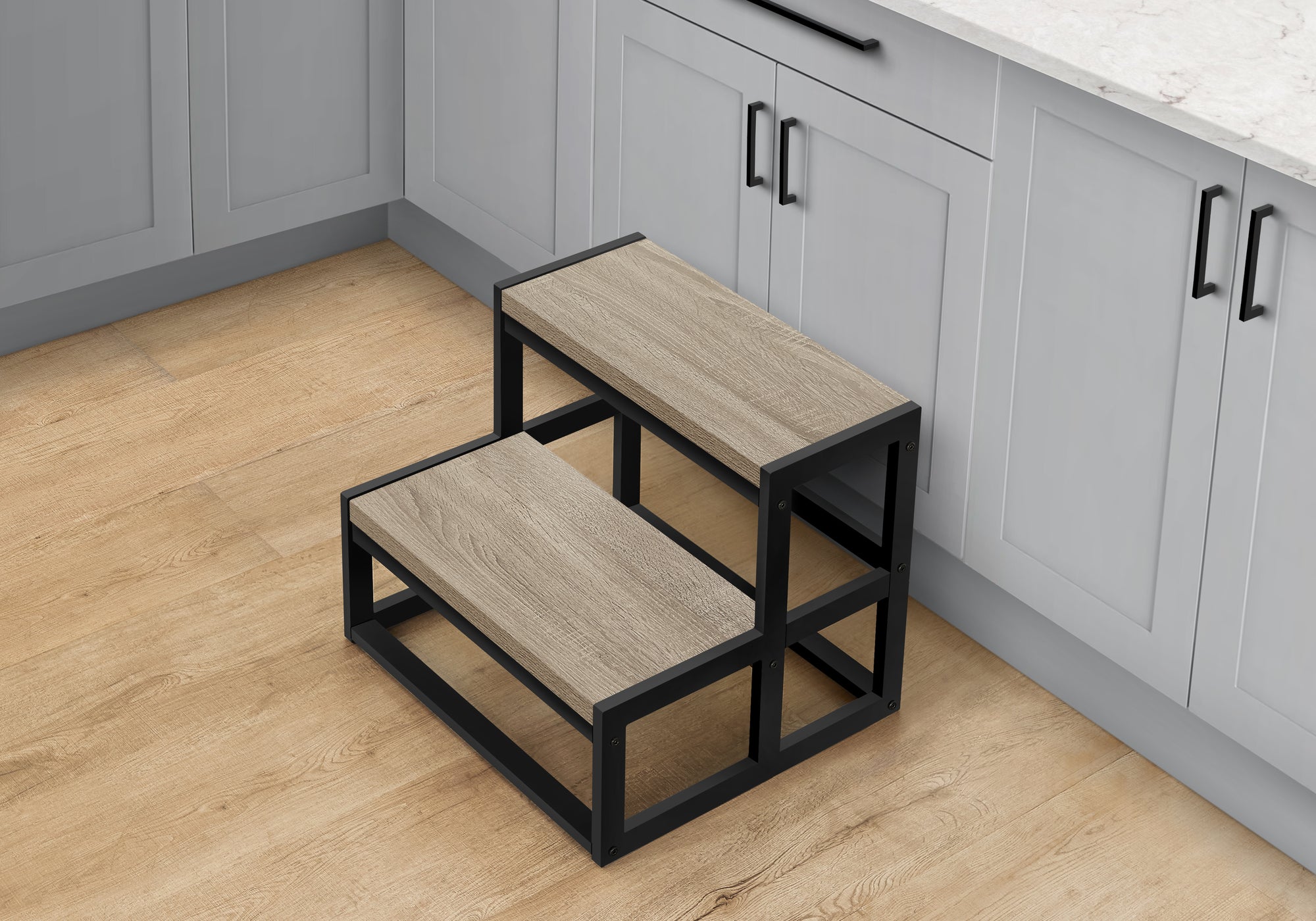 Contemporary 2‑Step Stool — Dark Taupe Laminate, Black Metal Frame, 300 lb Capacity