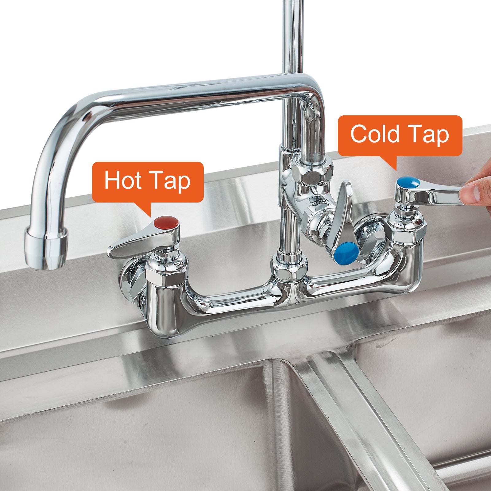 Commercial Faucet with Pre-Rinse Sprayer, 47" Height, 8" Center, 12" Swing Spout, Wall Mount Kitchen Sink Faucet, Brass Constructed Device with Pull Down Spray, for 1/2/3 Compartment Sink