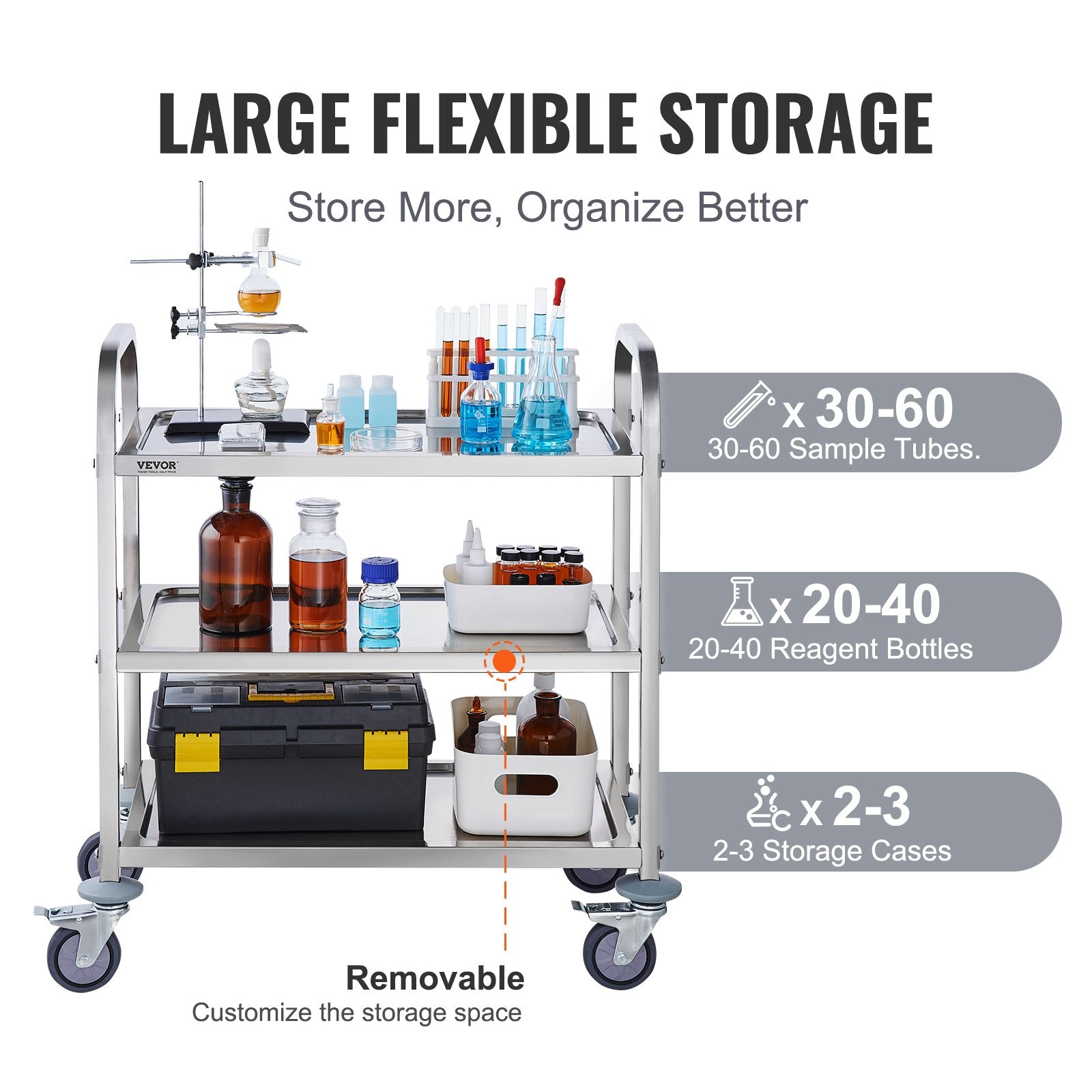 VEVOR Stainless Steel Cart, 3 Layers Lab Utility Cart 400 lbs Weight Capacity, Medical Cart with Lockable Universal Wheels, for Lab, Clinic, Kitchen, Salon
