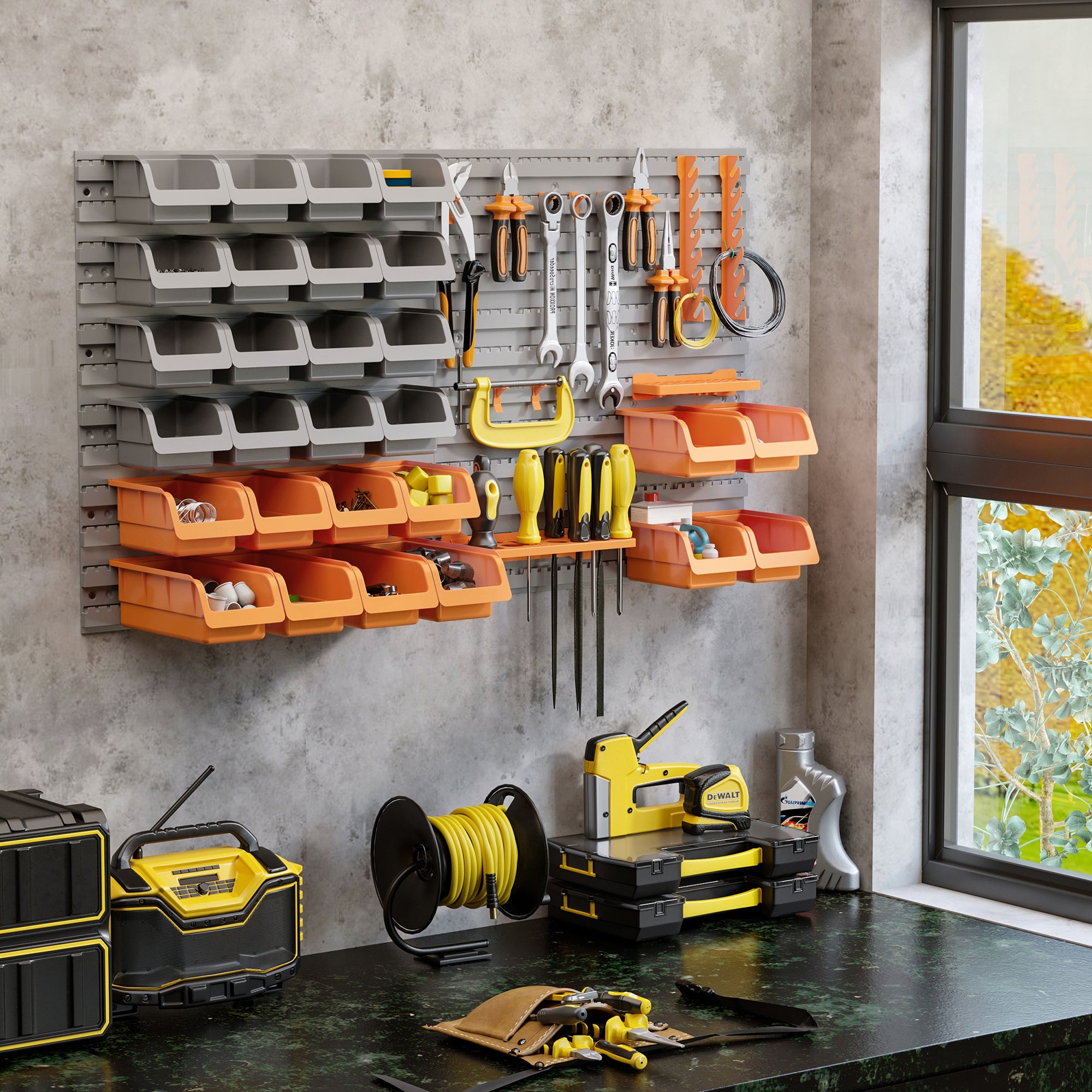 44-Piece Wall Mounted Pegboard Tool Organizer Kit with Storage Bins & Hooks, 66 lb Capacity, Orange
