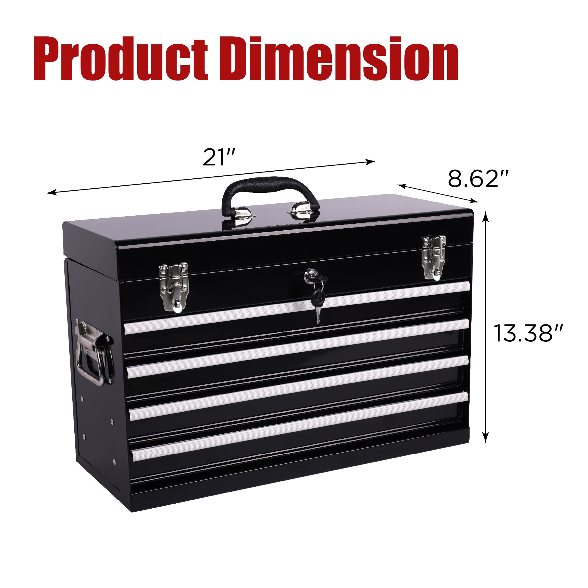 21" Heavy Duty Black Metal Tool Box with 4 Ball-Bearing Drawers