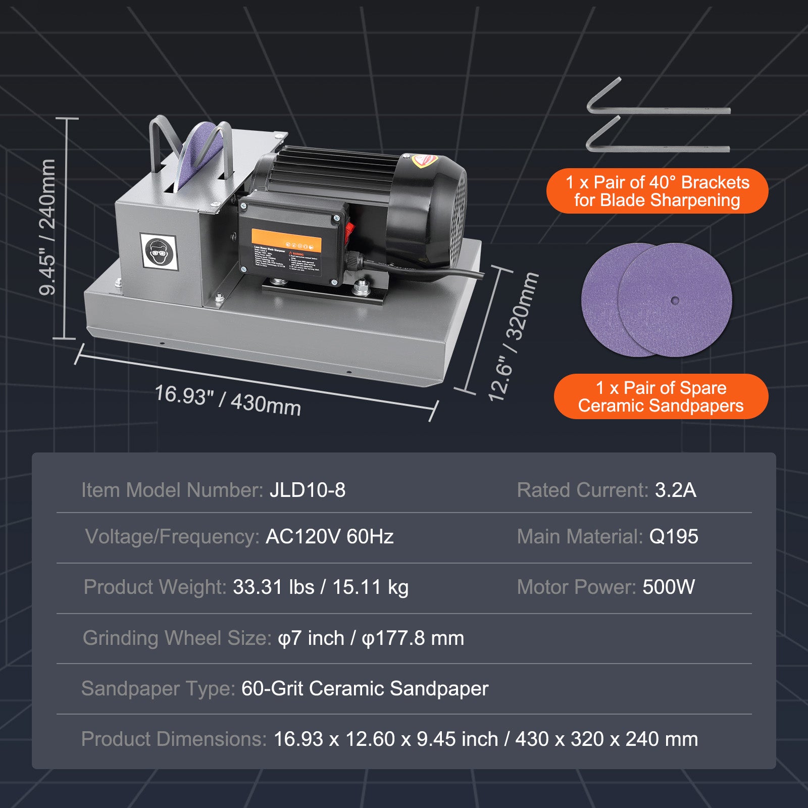 Lawn Mower Blade Sharpener, 2/3HP 500W Lawnmower Blade Grinder with 7-inch Ceramic Grinding Wheel, Powerful Bench Mower Sharpening Machine for High/Low Lift Blades, Gator Blades, Flat Blades